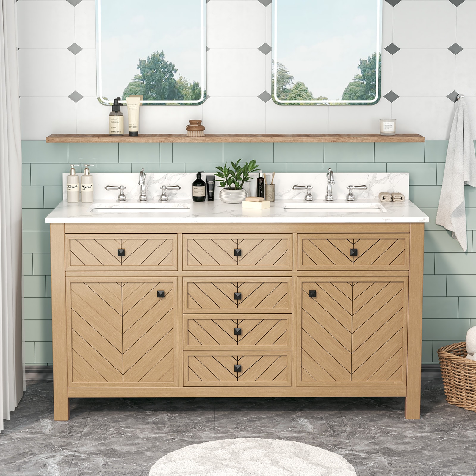 JEAREY JE-XNECWSF-YW Bathroom vanties with top 60-in Brown Double Sink Bathroom Vanity with White Ceramic Top