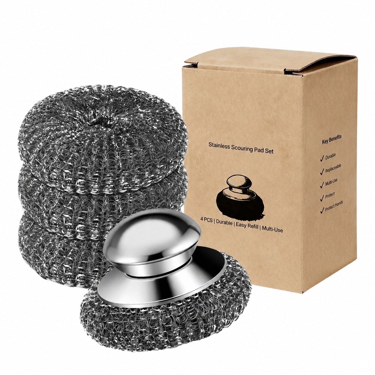 Misopily  Steel Wool Scrubber with Handle 4 Pack Stainless Steel Pads for Cleaning Cookware Grill Oven and Kitchen Sinks durable home and garden
