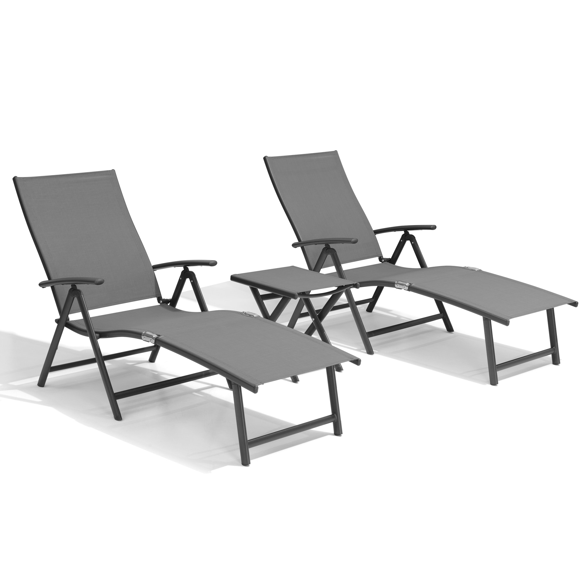 Crestlive Products CL-LG001GRY Chaise Lounge with Table Set of 2 Brown Metal Frame Stationary Conversation Chair with Gray Textilene Mesh Seat