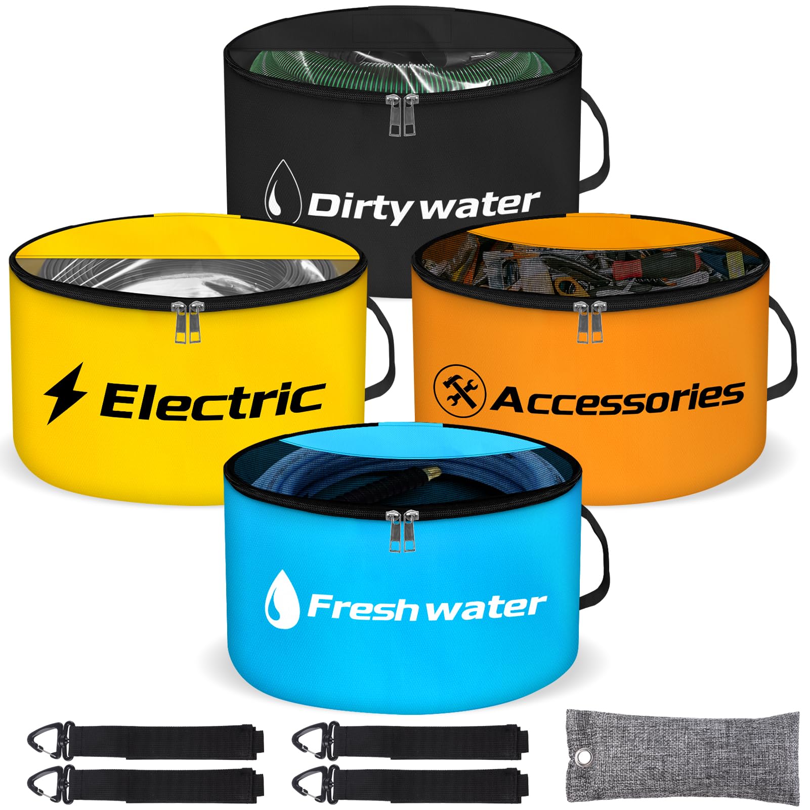 AOIZGMY  RV Hose Storage 4 Pack Waterproof Dual Zipper Bags for Sewer Fresh Water Electrical Cord and Camper Tool Organization