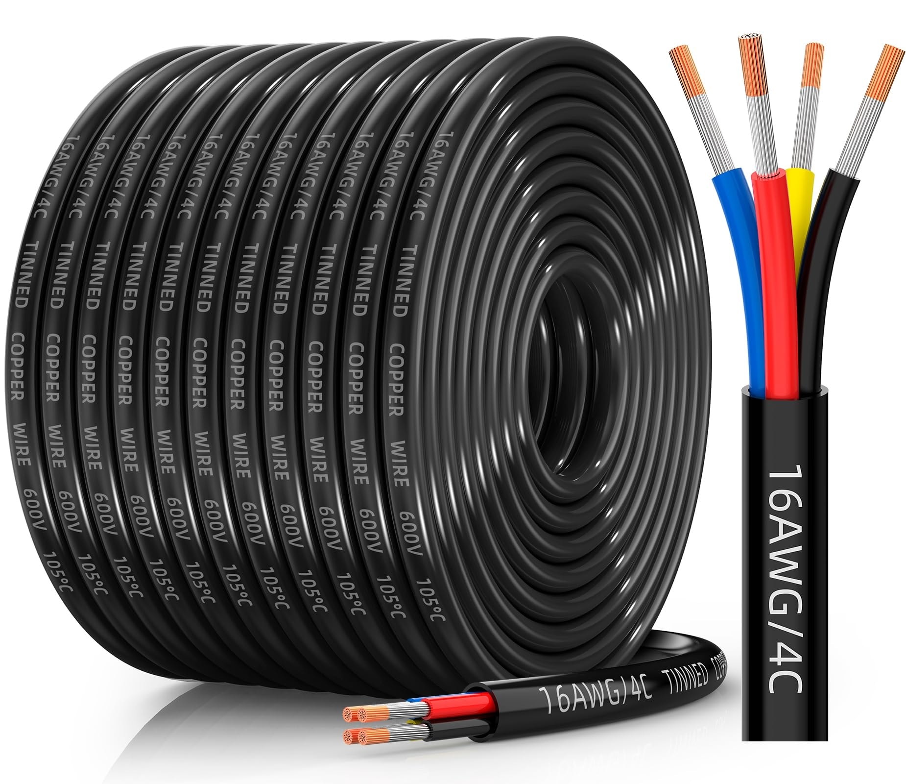 Lukvuzo 16 Gauge 4 Conductor Electrical Wire 100FT Roll Tinned Copper Stranded PVC Cable IP68 Waterproof Flexible Low Voltage for Automotive RV Marine Solar LED Lighting #LLU0424T39