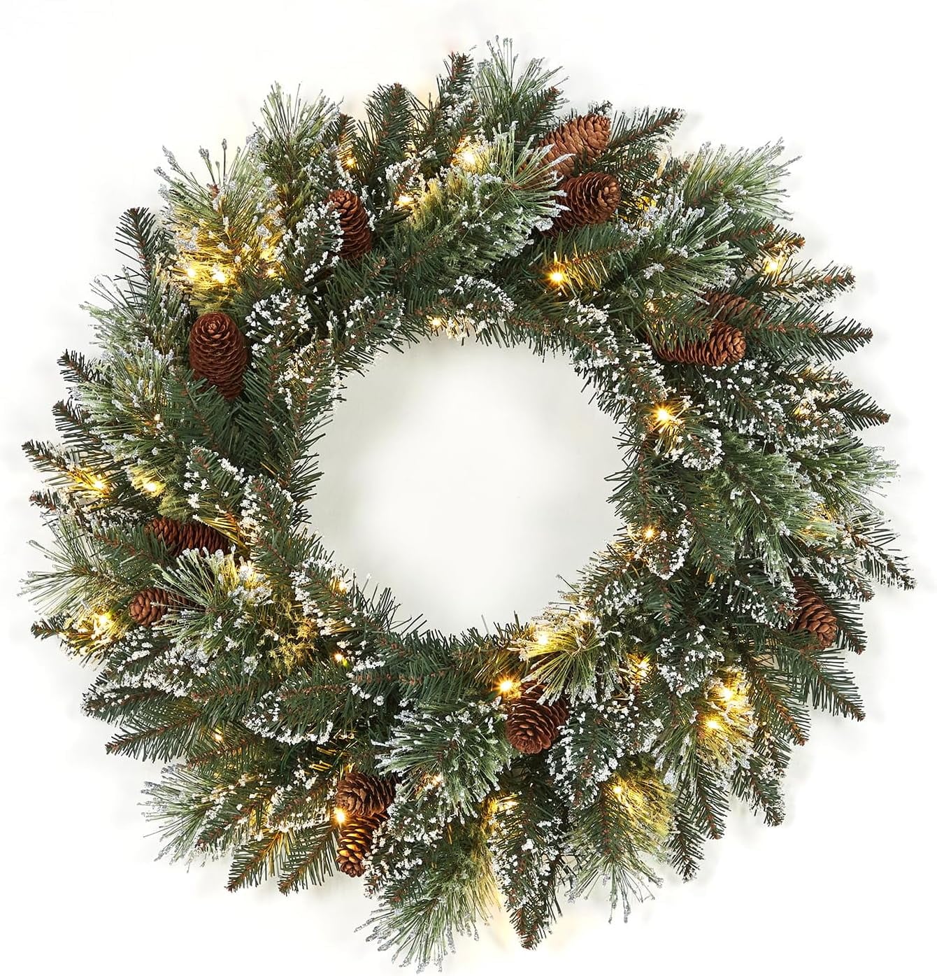 Garvee 24Inch Artificial Christmas Wreath Christmas Garland with LED Lights PVC Pine Needle Wreath Festive Holiday Door Winter Decoration-Snow-Swept Christmas Garland