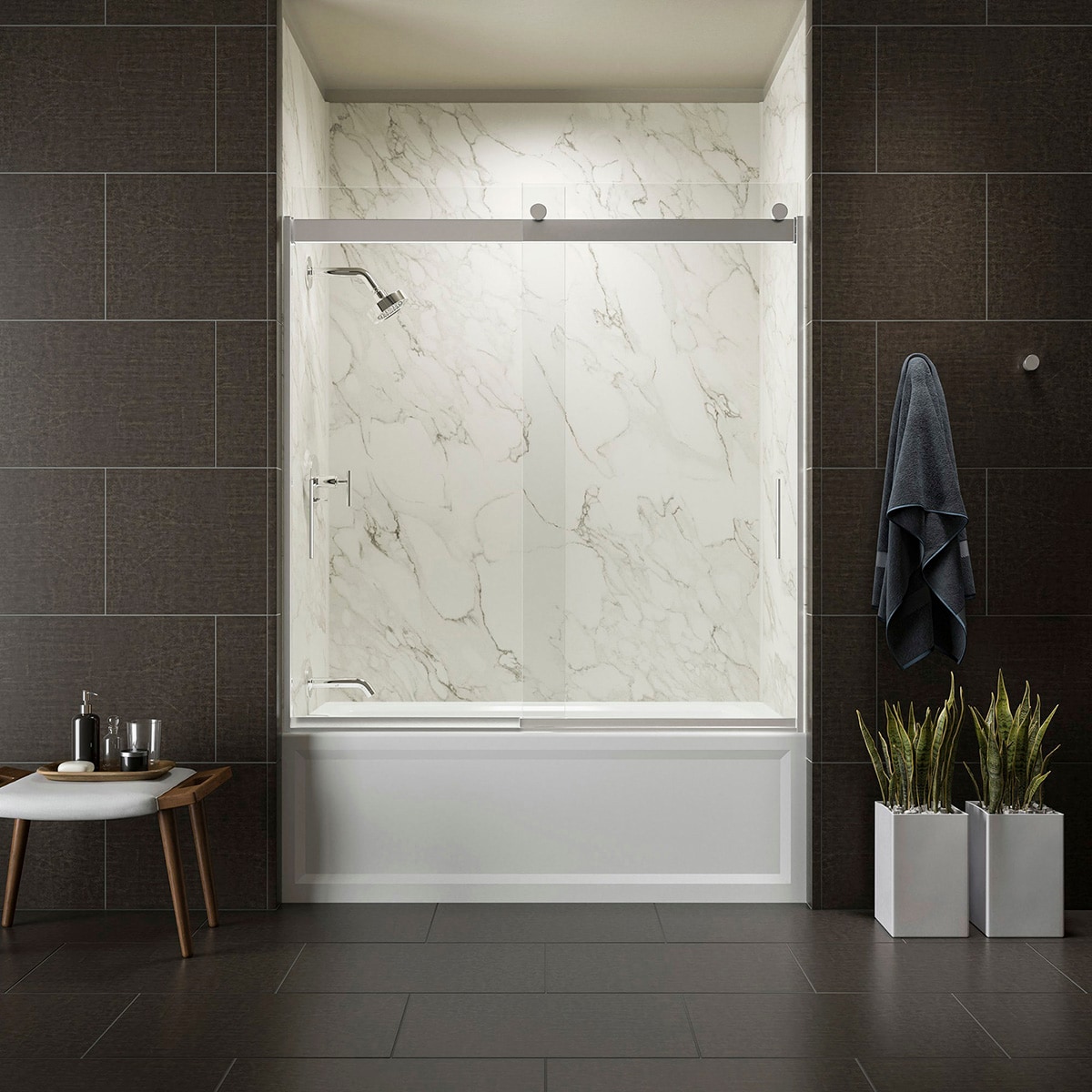 KOHLER 706002-L-SH Levity Bright Silver 56-in to 60-in W x 59.75-in H Frameless Bypass Sliding Soft Close Bathtub door