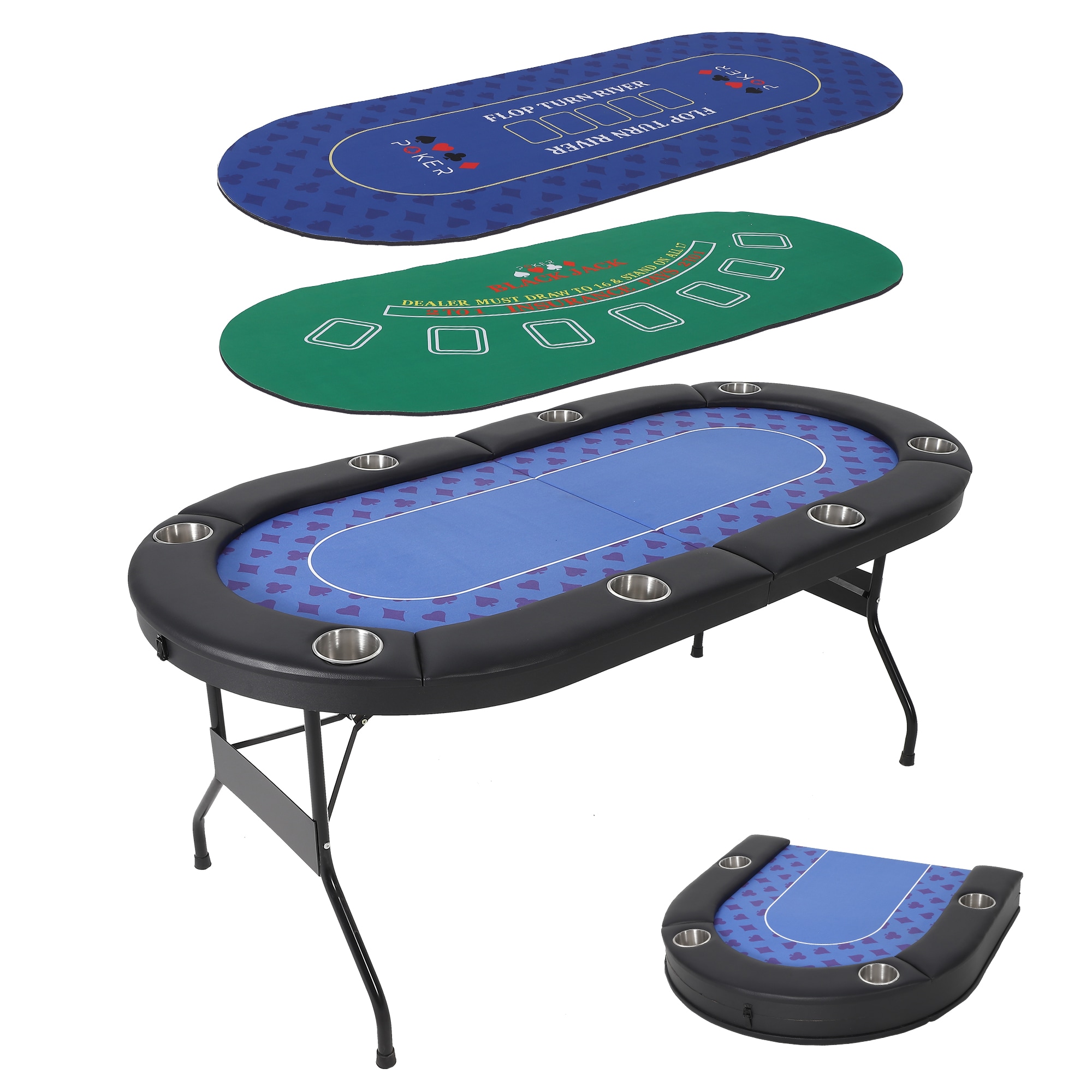 GarveeLife 8 Player Poker Table with 2 Interchangeable Game Mats Texas Holdem and Blackjack Collapsible Casino Table with Deepen Cup Holders Padded Rails No Assembly Instant Play for Home Party