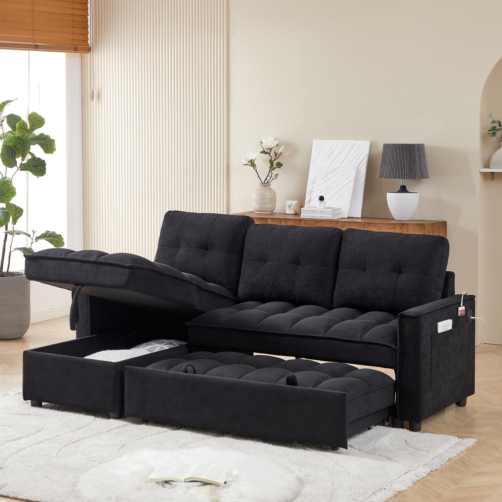 Horizons Prime - 71 inch Black Chenille L-Shaped Sectional Sofa with Pull-Out Sofa Bed and USB Ch...
