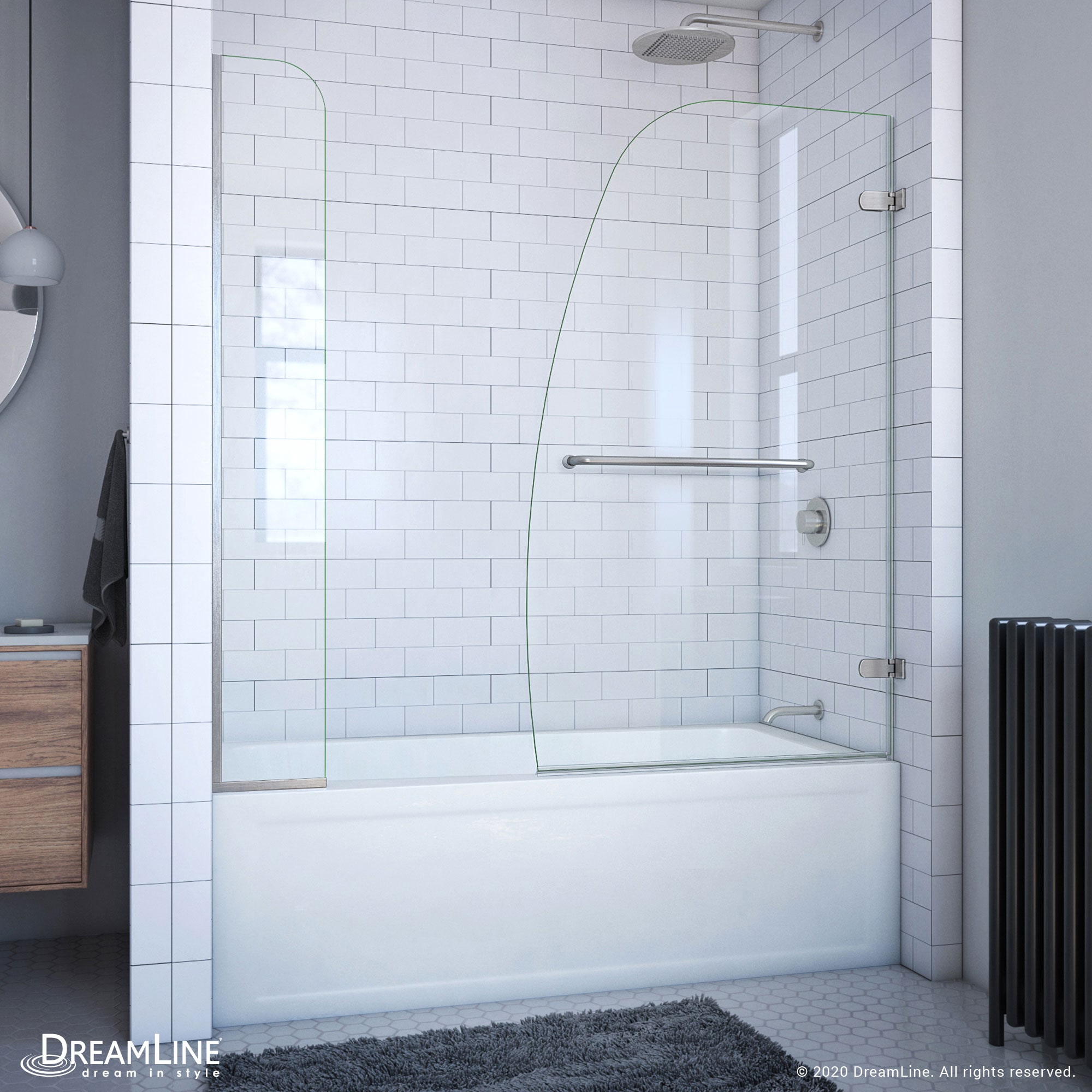 DreamLine SHDR-3534586-EX-04 Aqua Uno Brushed Nickel 56-in to 60-in W x 58.0-in H Frameless Hinged Bathtub door