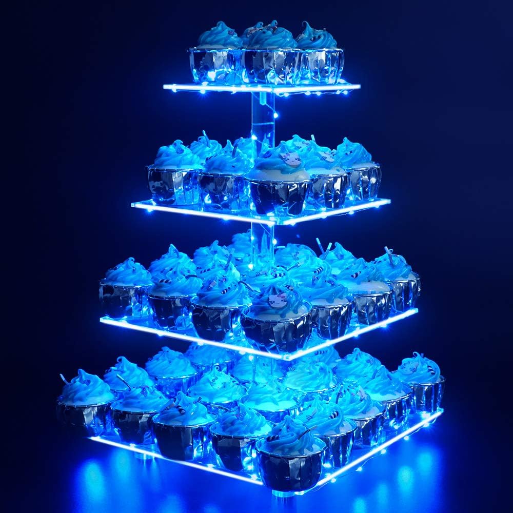 MaseiKar 4 Tier Acrylic Cupcake Stand Afternoon Tea Cake Stand Large Cupcake Stand Cupcake Tower Cupcake Holder for Pastry with LED Light String Ideal for Weddings Birthday Bar Party Decor #CUPCAKE-STAND-001