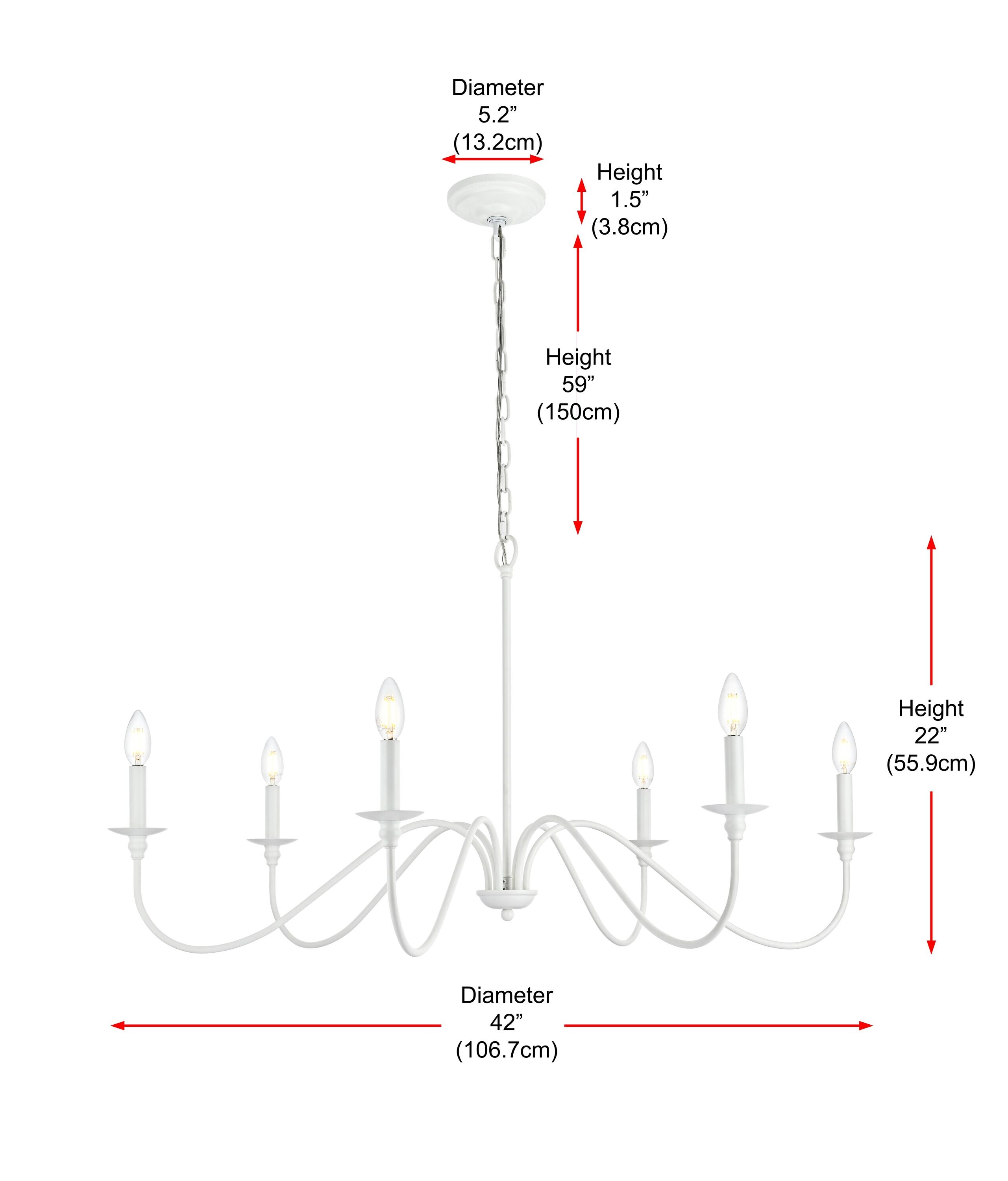 White Iron 6-Light Candle Chandelier with Adjustable Chain