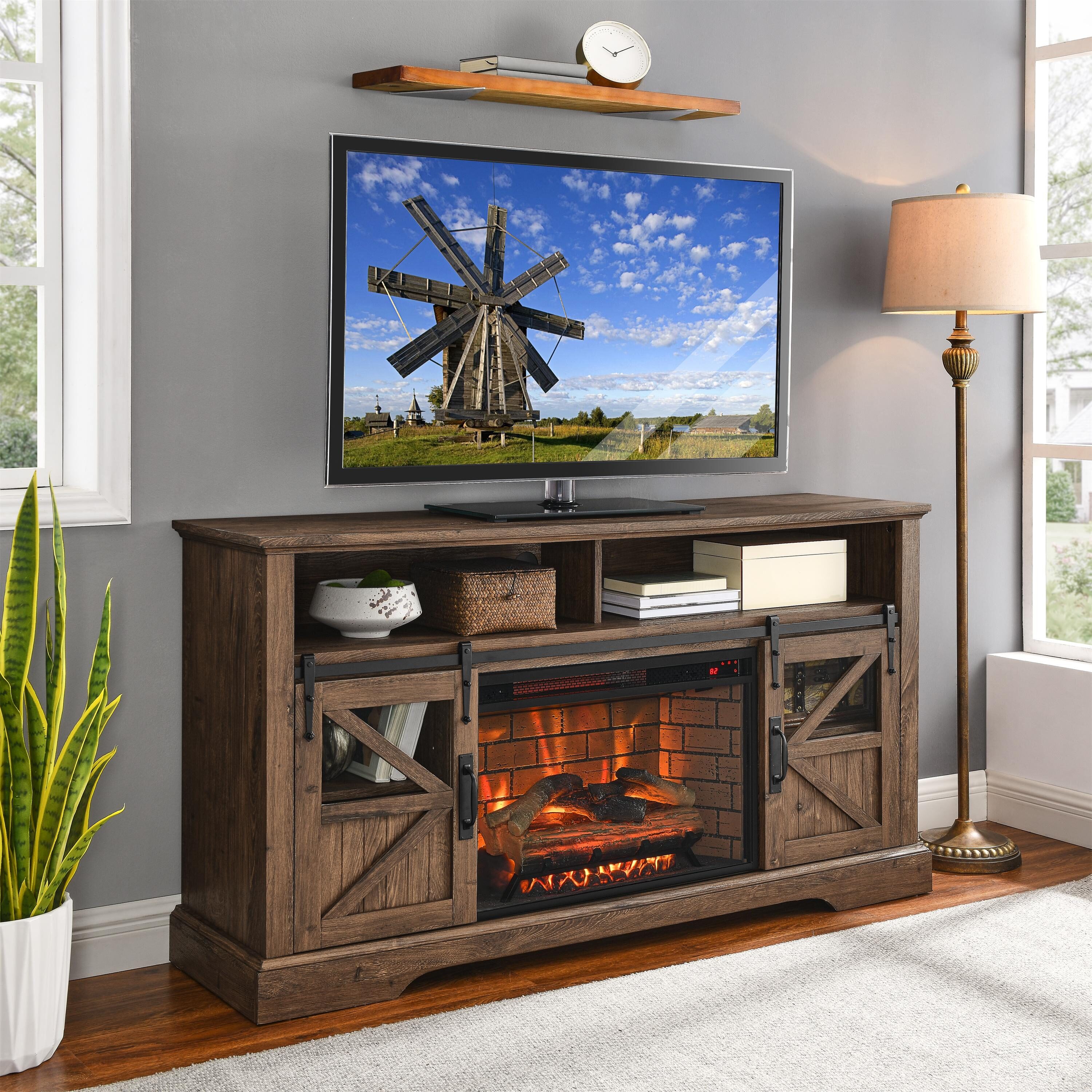 Bayfeve 60-in W Brown TV Stand with Fan-forced Electric Fireplace BF-1769S5-FP Sansujyuku sansujyuku.com