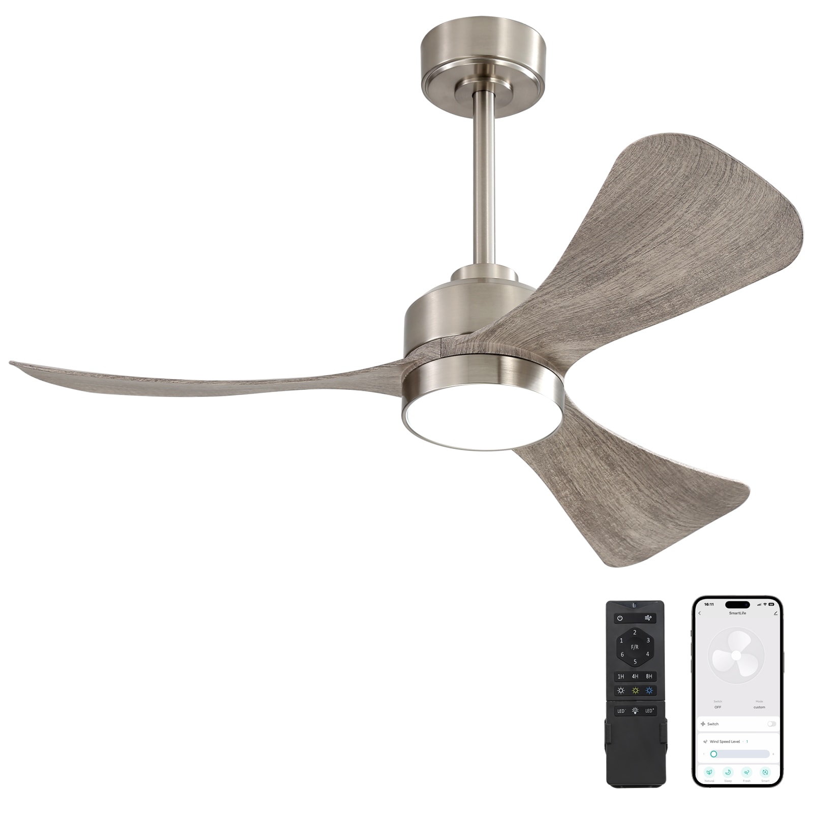 MLIAN WBCF-BS169-NW BOUN 42-in Integrated LED Silver/Wood with Wood Blades Ceiling Fan With Light - Remote Included ( 3 -Blade )