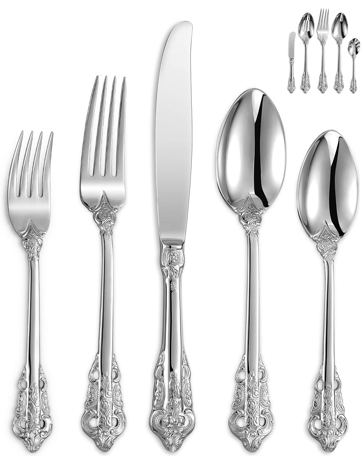 Aoibox  Luxury 45 Piece Silverware Set for 8 in 18 10 Stainless Steel Mirror Finish Antique Baroque Design