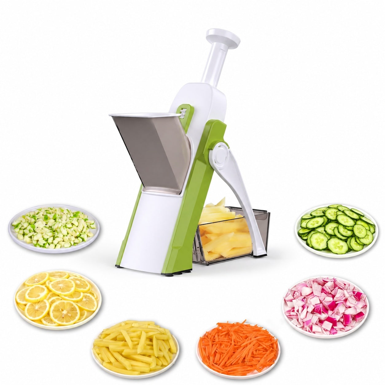 DHMHD  Safe Mandoline Slicer Multi Vegetable Chopper Potato Slicer for Kitchen 4 Modes Adjustable Thickness French Fry Cutter 5 in 1 Green