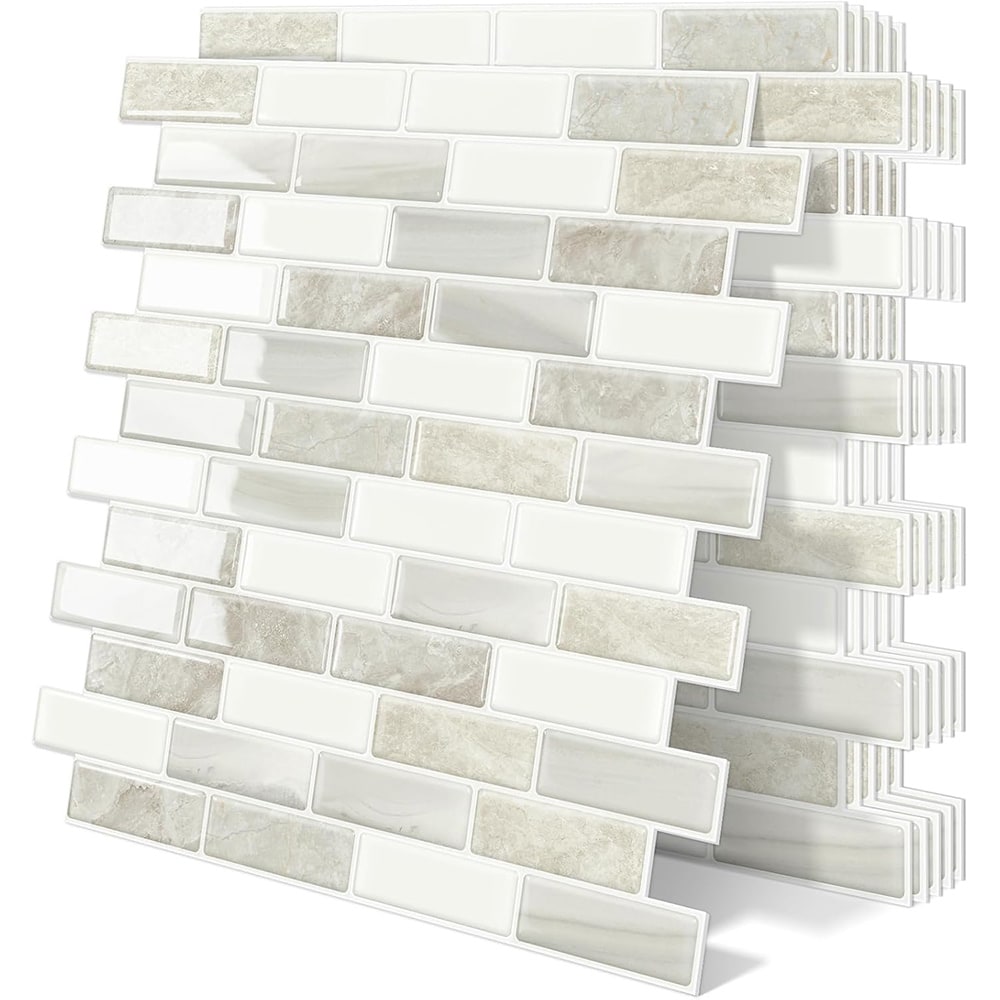 MaseiKar Peel and Stick Backsplash 10 Sheets 12x12-in 3D Self Adhesive Marble Wall Tile Thick Beige Vinyl for Kitchen and Bathroom