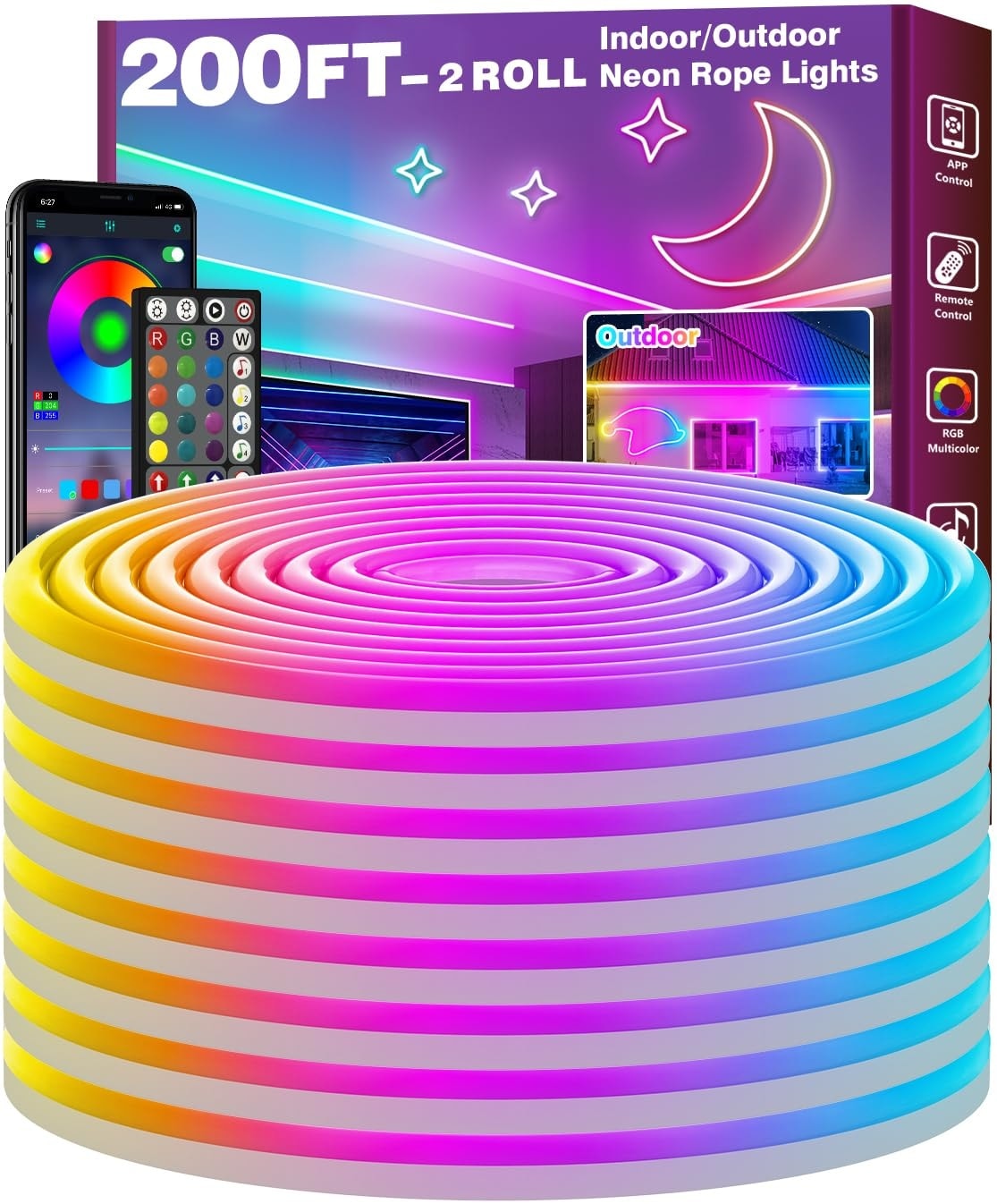 Oyezvary  200Ft LED Rope Light RGB Flexible Neon Strip App and Remote Control Music Sync Multiple Modes IP65 Waterproof for Bedroom Gaming Room