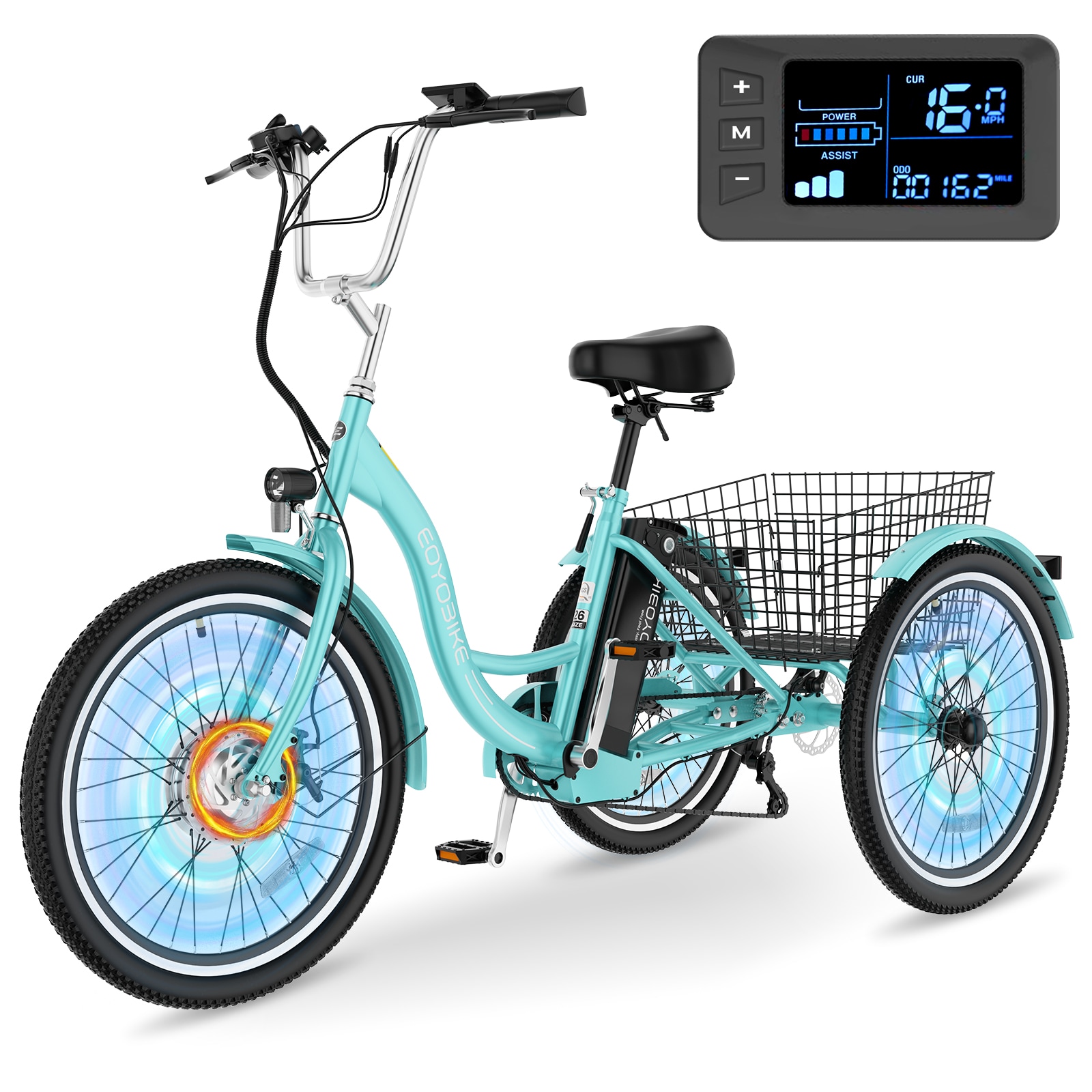 DOCRED  350W Adult 3-Wheel Electric Tricycle 26 Inch 7-Speed Removable Battery 60 Mile Range Large Basket Disc Brakes 350 LB Load Cyan