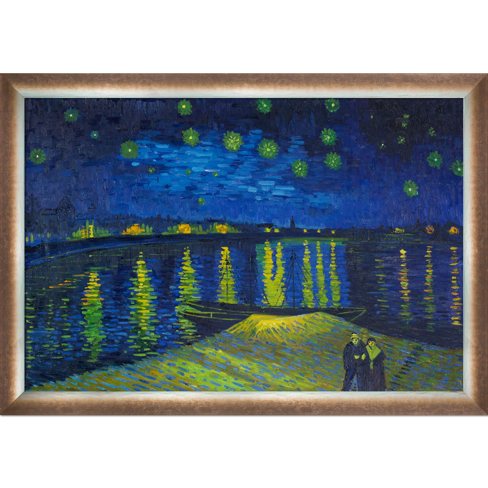La Pastiche 688576825496 Starry Night Over the Rhone Vincent Van Gogh Silver/Bronze Wood Framed 28-Inches H x 40-Inches W Coastal Canvas Hand-Painted Painting