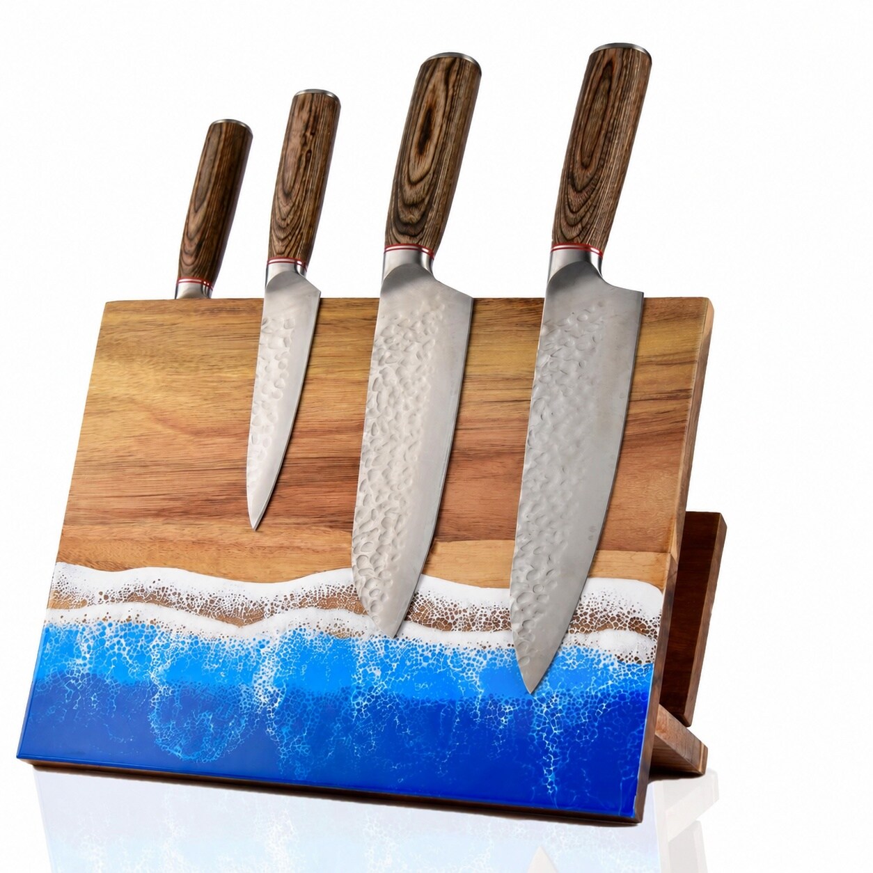 Aoibox  Acacia Wood Magnetic Knife Block with Ocean Resin Art and Cutting Board Holder Countertop Organizer