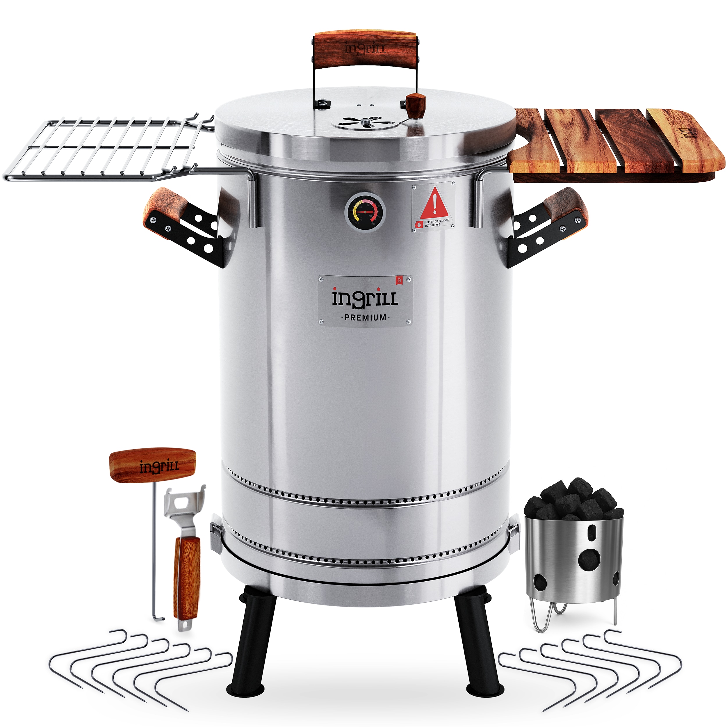 ingrill  Premium 3 in 1 Stainless Steel Smoker Barrel Grill Portable Charcoal BBQ with Thermometer 25 lbs Outdoor Smoker with Teak Wood Side Tables and Iron Legs for Backyard Camping and Home BBQ