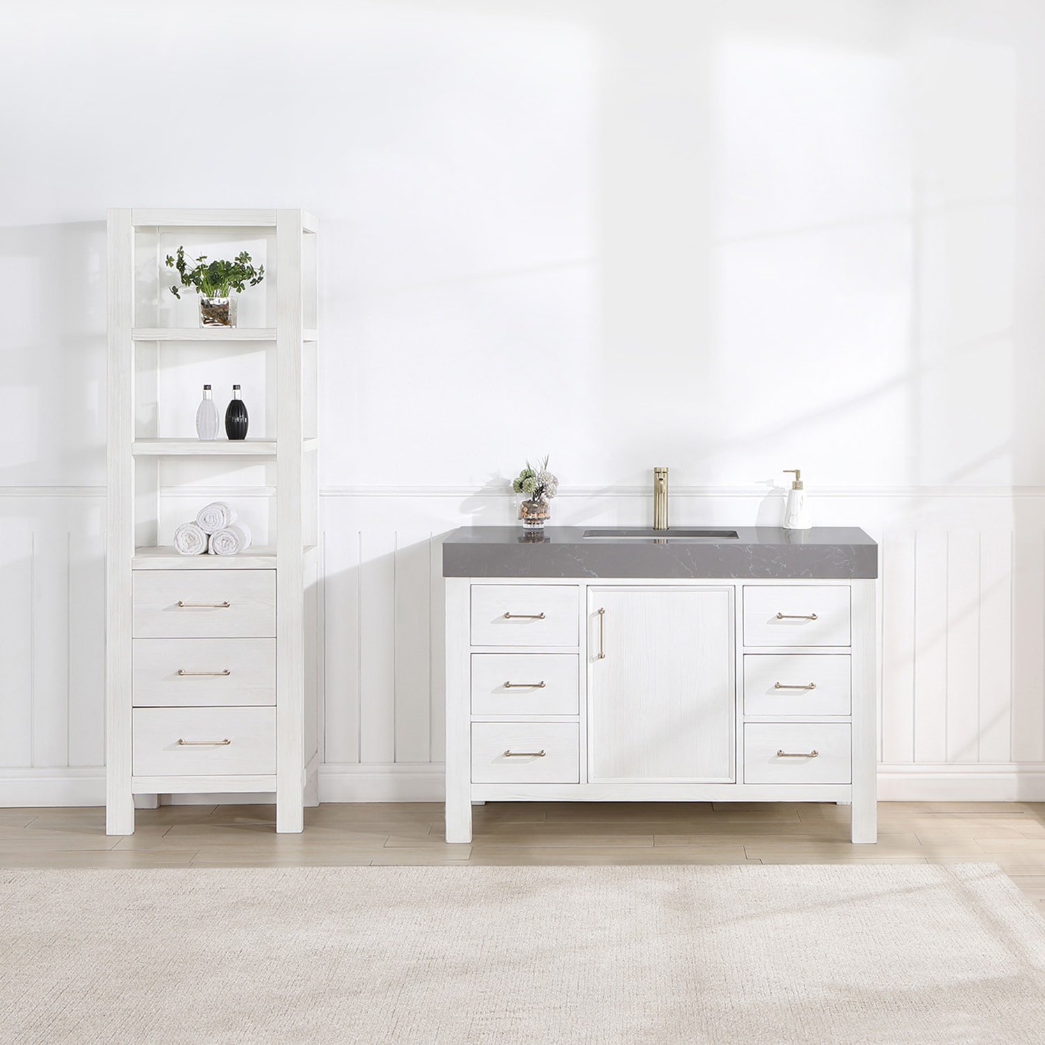 León 48-in Fir Wood White Finish Undermount Single Sink Bathroom Vanity with Reticulated Grey Engineered Stone Top | - Vinnova 703848-FW-RG-NM