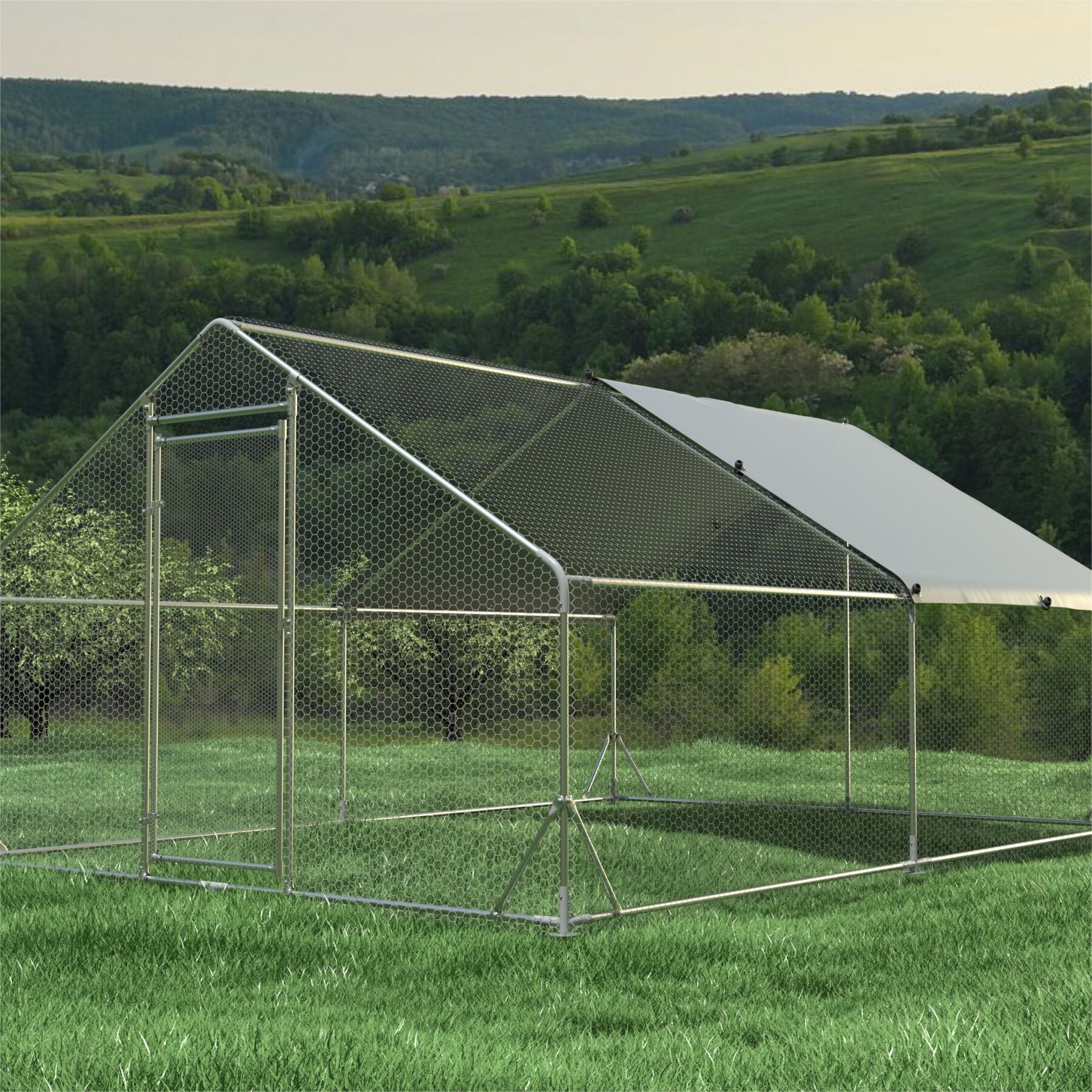 Huluwat 13.1 X 9.8 X 6.4 FT Large Spire-Shaped Metal Walk-In Chicken Coop with Waterproof Anti-UV Cover