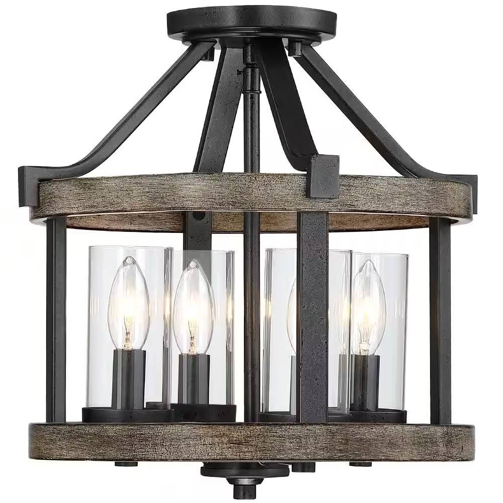 Slickblue Farmhouse Glass Shade Ceiling Light (13 W in) 2 Light Brown Black Flush Mount Light for Hallway Entryway Bedroom