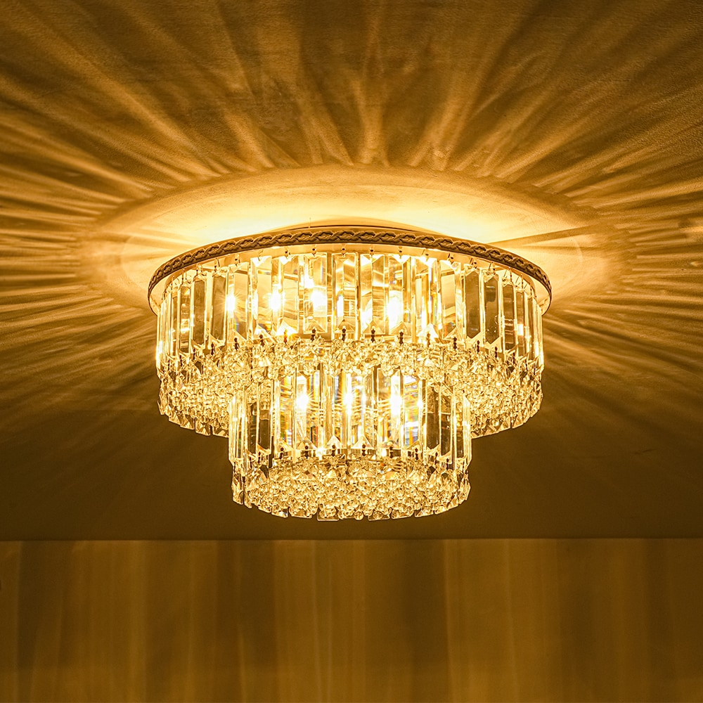 Wonderindoor 5-Light Double Tier Crystal Cake Shape Flush Mount Light in Nickel