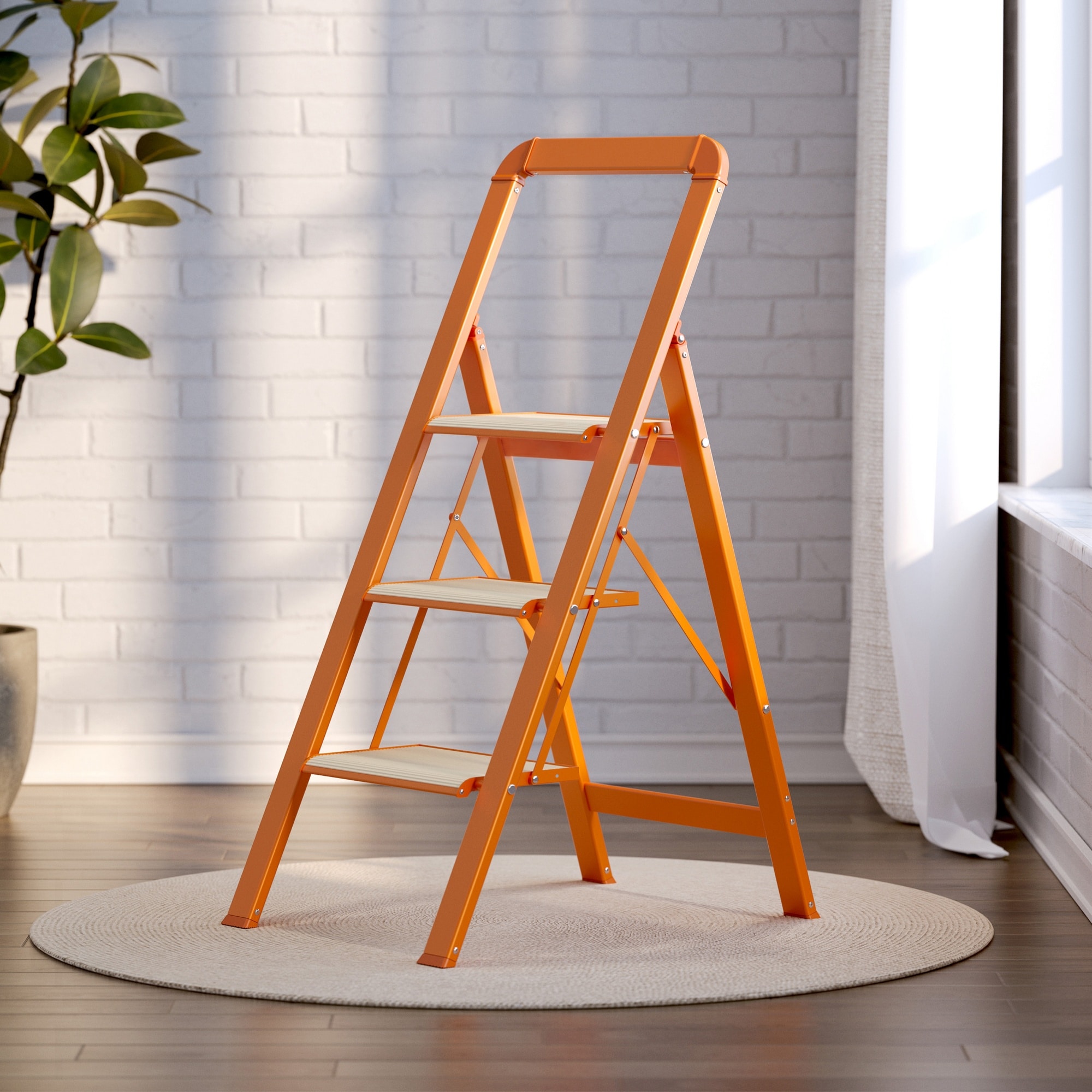 Lirago 3 Step Ladder Folding Step Stool for Adults with Wide Anti-Slip Pedal Aluminium Lightweight Foldable Step Ladders for Home Kitchen Office 450 lbs Capacity Orange