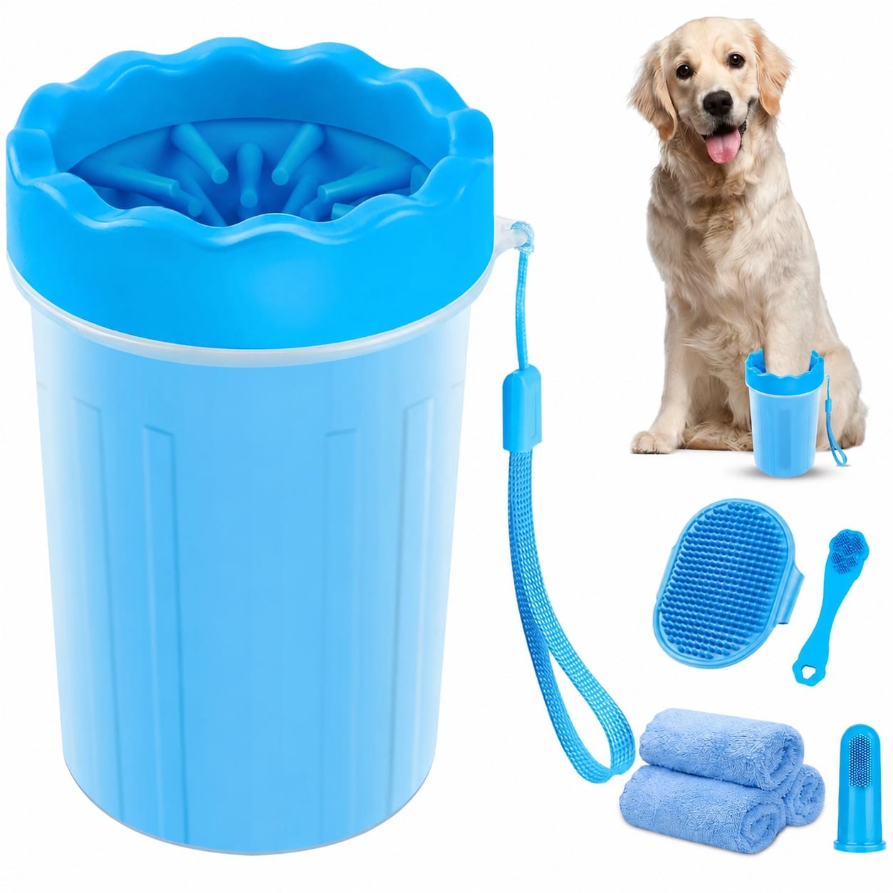 Lukvuzo  7 in 1 Dog Paw Cleaner Kit Medium Blue Includes Portable Paw Washer Bath Brush 2 Dog Toothbrushes 3 Absorbent Towels for Dogs and Cats
