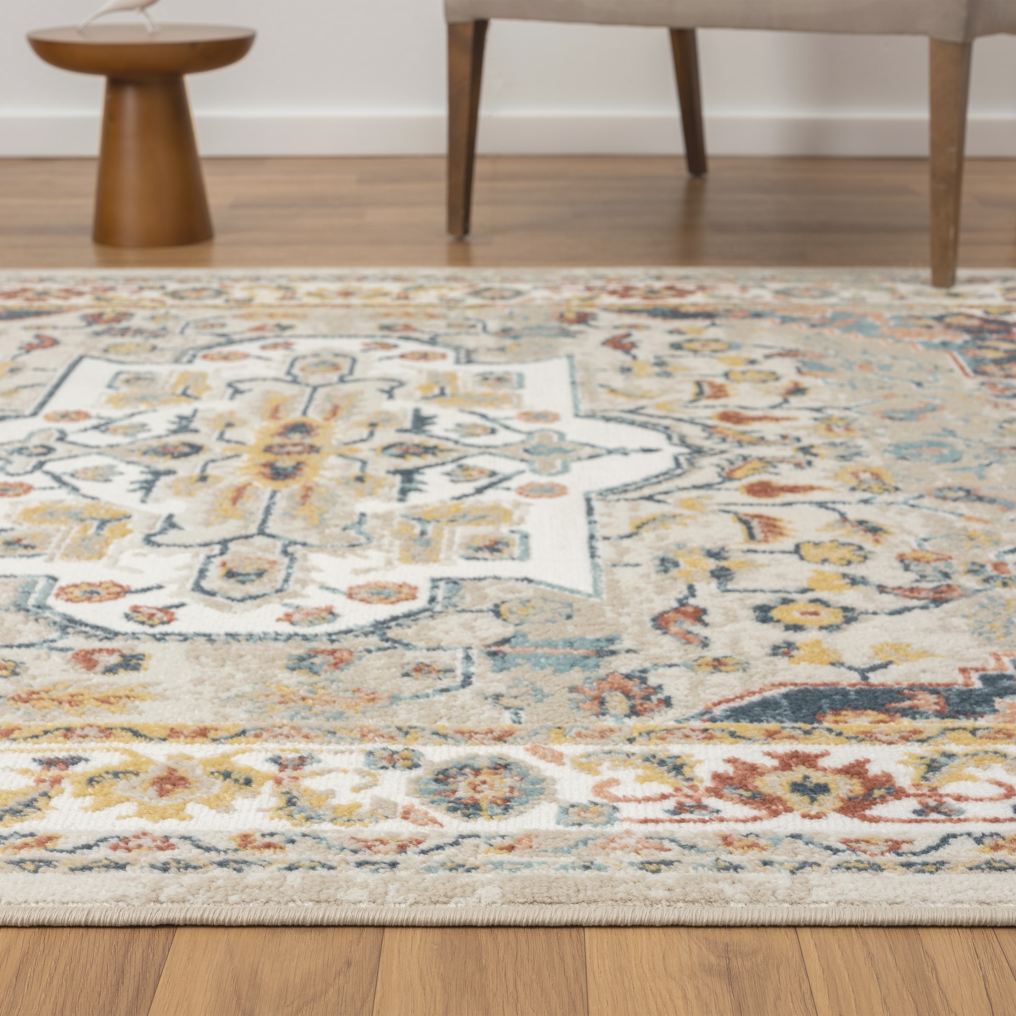 Arcady Ivory and Blue Synthetic Medallion Runner Rug