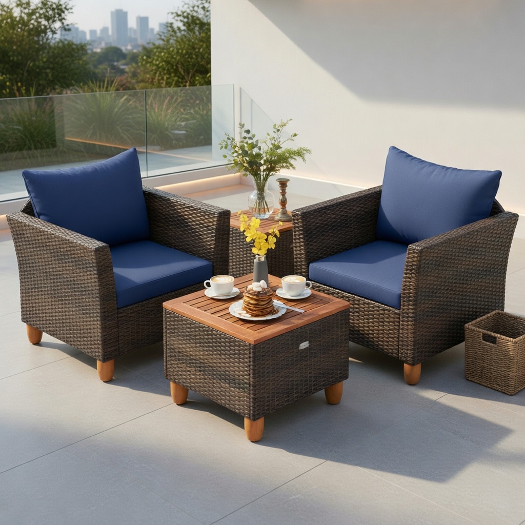 Choco Moon - 3 Piece Outdoor PE Rattan Patio Furniture Set Beige Navy Cushioned Sofas Acacia Wood...