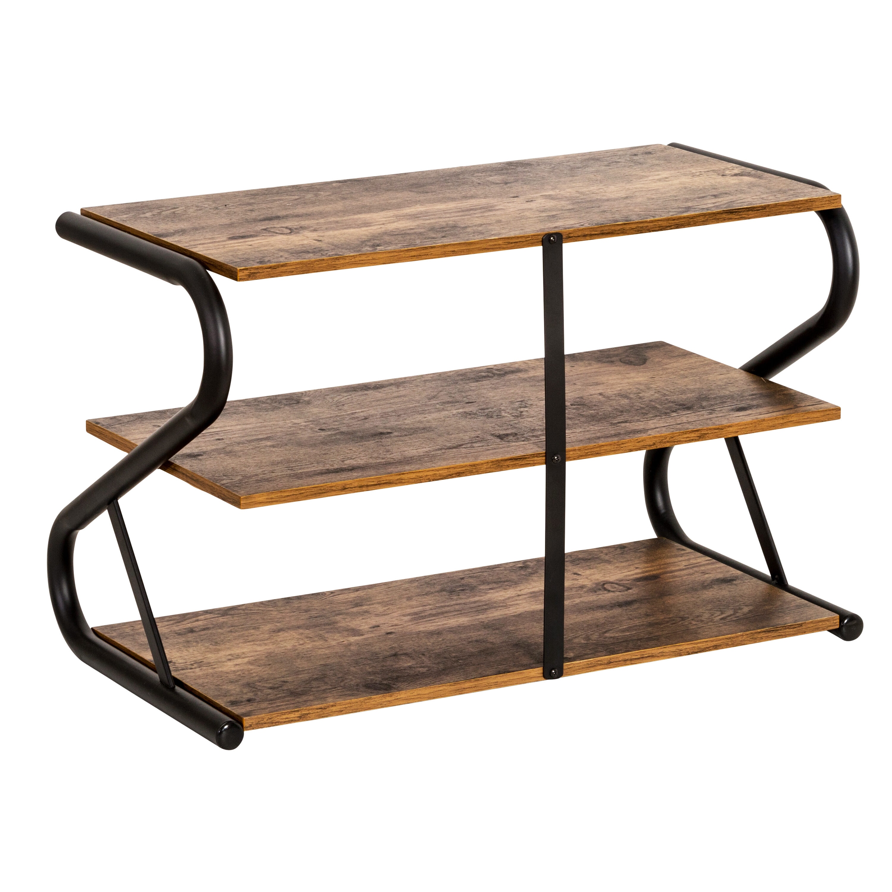 Matte Black Metal and Wood 3-Tier Shoe Rack