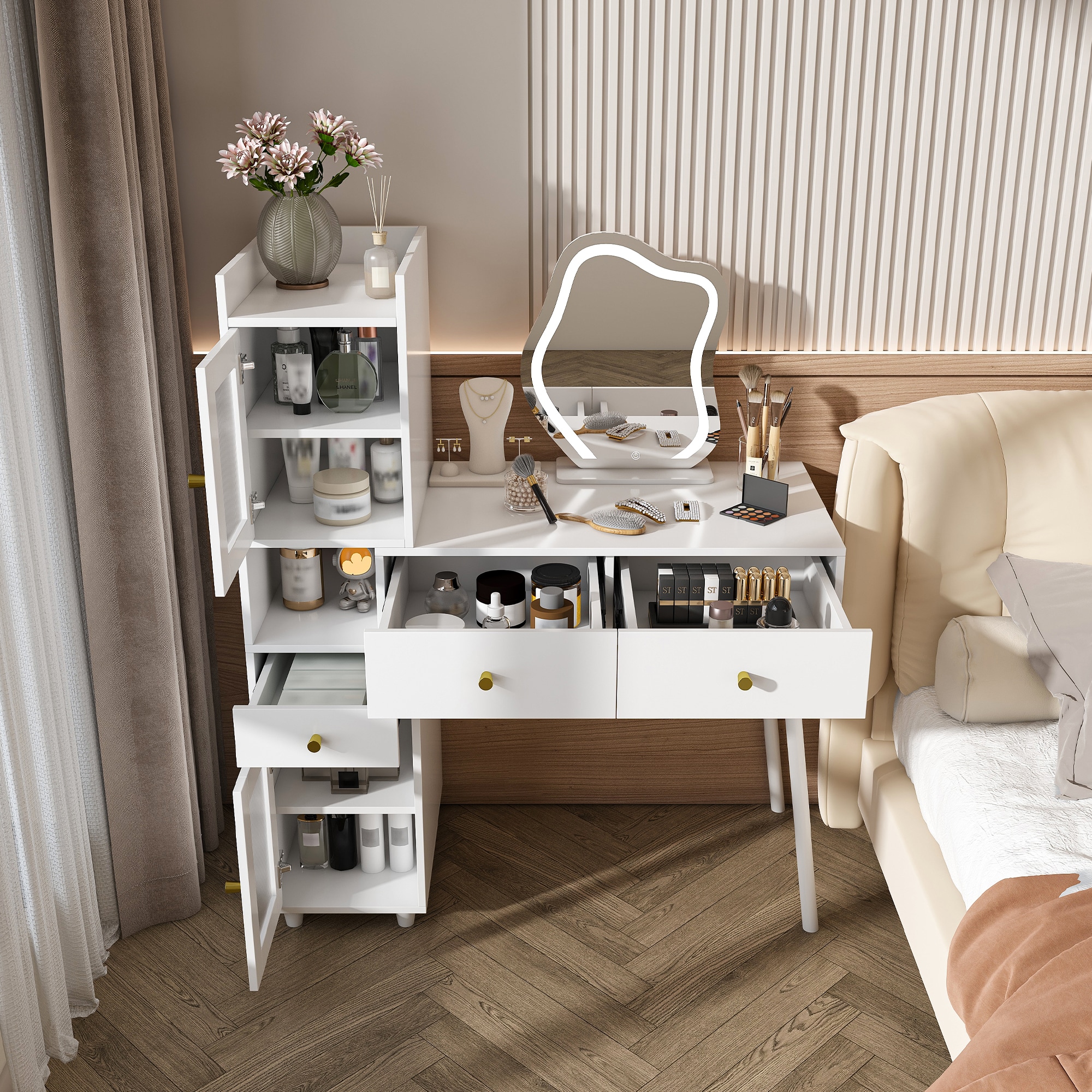 LOVMOR SF-Y-W2700P297922 Vanity Dressing Table with LED Mirror and Storage White Makeup Desk Features 3 Drawers 2 Open Shelves and 4 Hidden Cabinets 3 Adjustable Lighting Modes