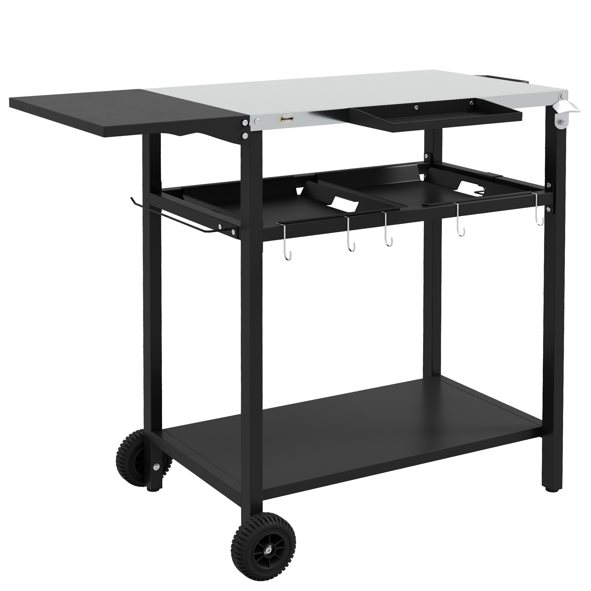 Outsunny 84G-237V00BK Outdoor Bar Cart with Stainless Steel Tabletop Kitchen Island with Wheels 2 Tiers and Seasoning Shelf Patio Serving Cart with Hooks Towel and Garbage Bag Holder Plates and Spice Jars Black