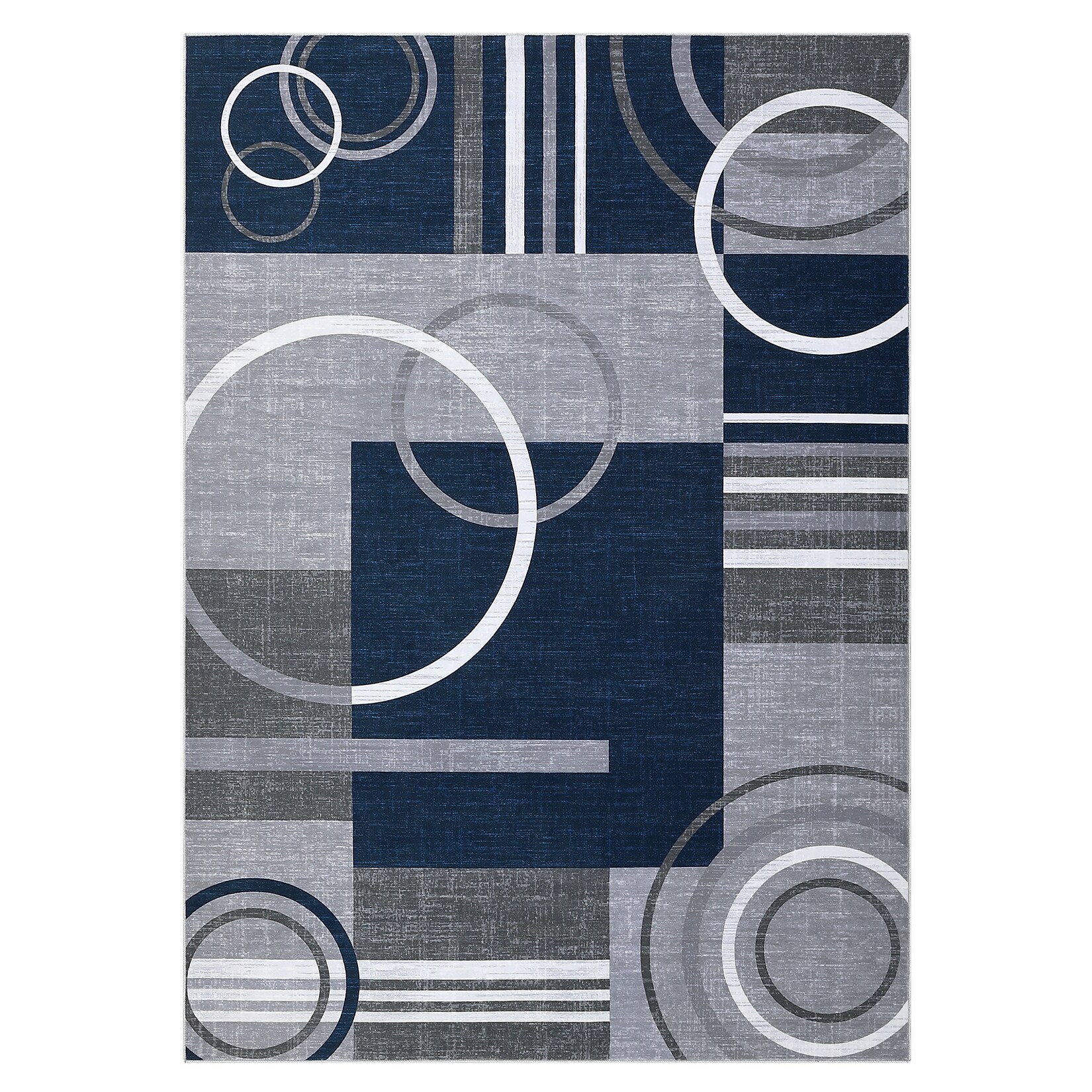 Qeetex LSN-PHO-15NDWELX 8 x 10 ft Polyester Cashmere Dark Blue Rectangular Hallway Bathroom Entryway Kitchen Office Foldable Geometric Printed Modern Washable Area Rug
