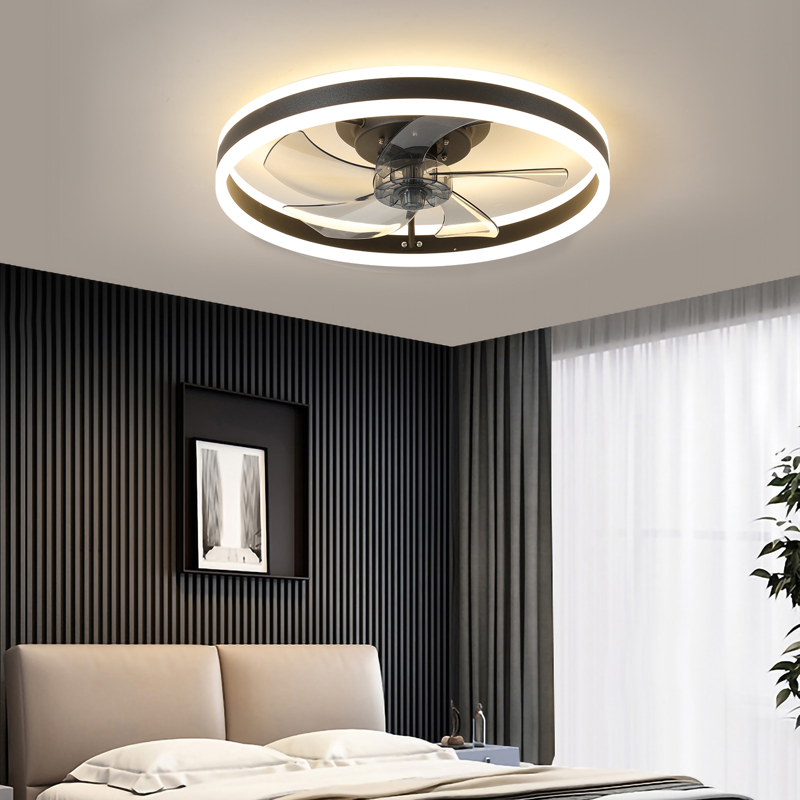 ToolCat 20 in Flush Mount Ceiling Fans with Lights and Remote, 3000K-6000K Dimmable LED Fandelier Low Profile Chandelier Ceiling Fan