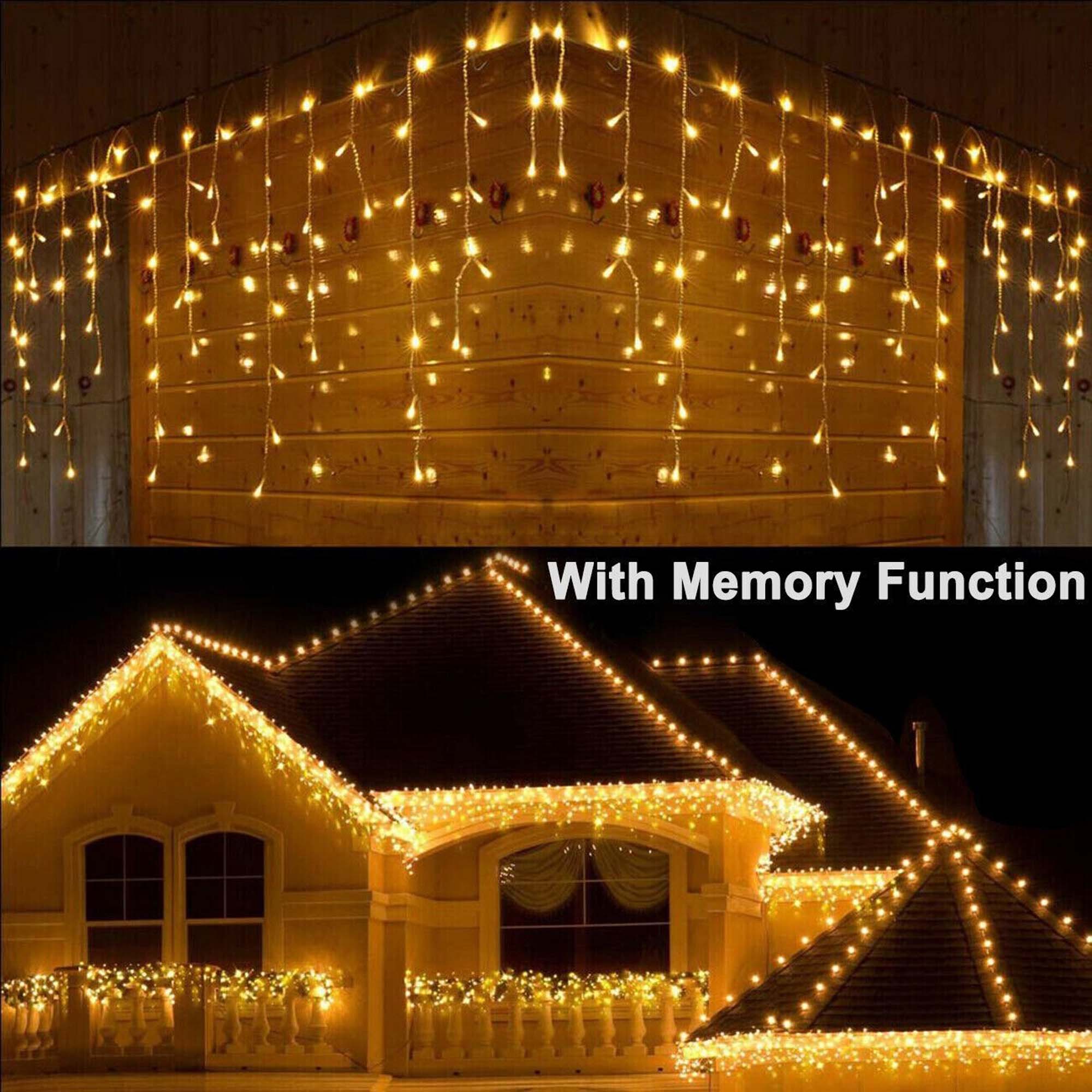 Warm White 96 LED Curtain String Lights 8 Modes Drops Icicle Lights US Plug Flexible Decorative Light Strip with Remote for Holiday Christmas Indoor Outdoor Use Waterproof Energy Efficient