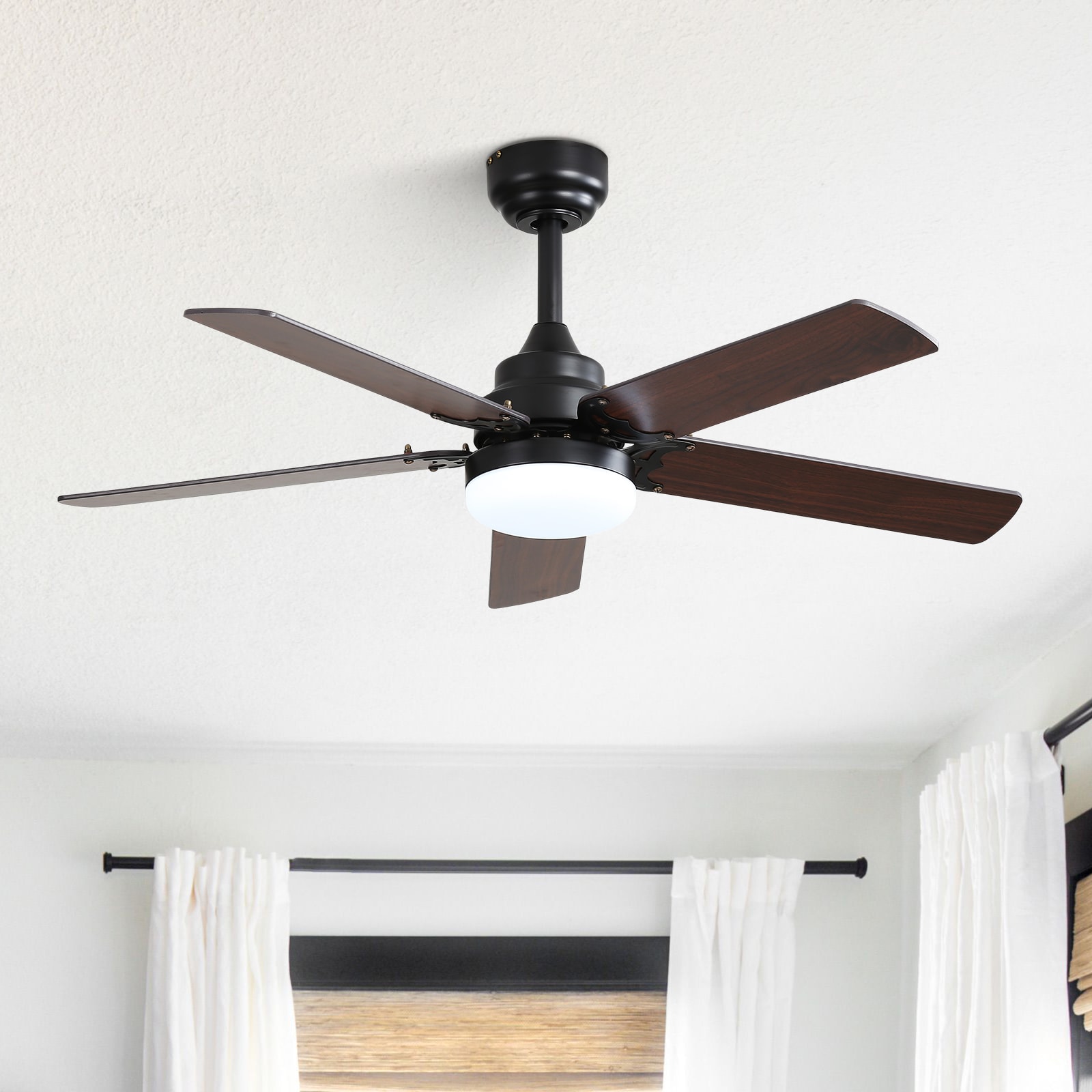 Sofucor C4-M-003109 42K009 42-in Color-Changing Outdoor Downrod or Flush Mount Black with Dark brown Blades Ceiling Fan With Light - Remote Included ( 5 -Blade )