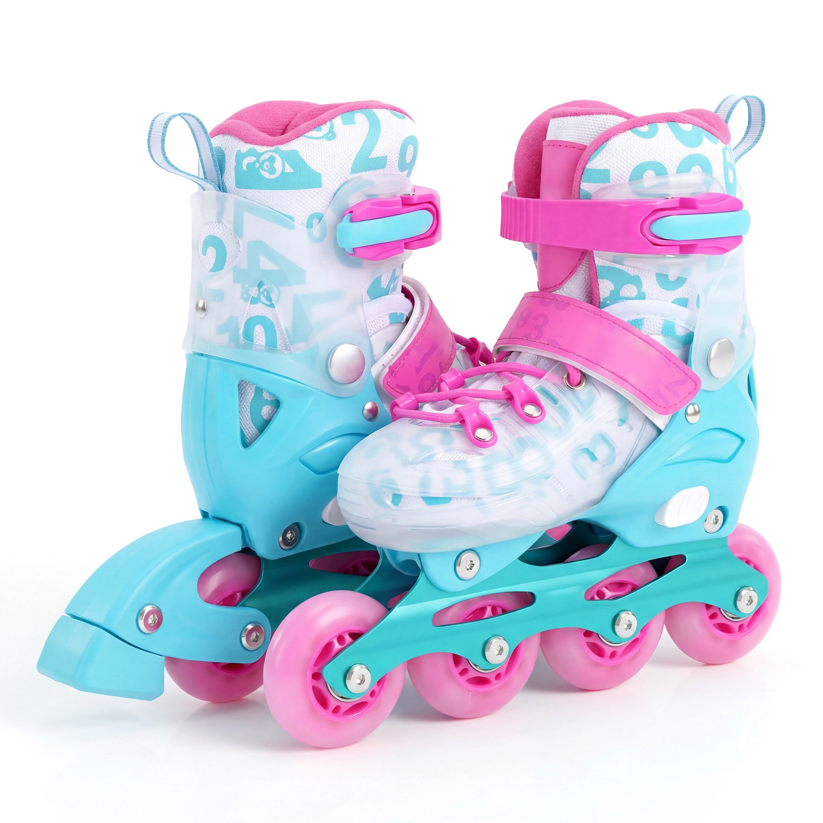 Slickblue Kids Adjustable Inline Skates for Indoor Floors and Outdoor Paths Ages 5 to 7 with Push Button Size Adjustment Motion Activated Light Up Wheels Buckles Straps Laces Pink and Blue