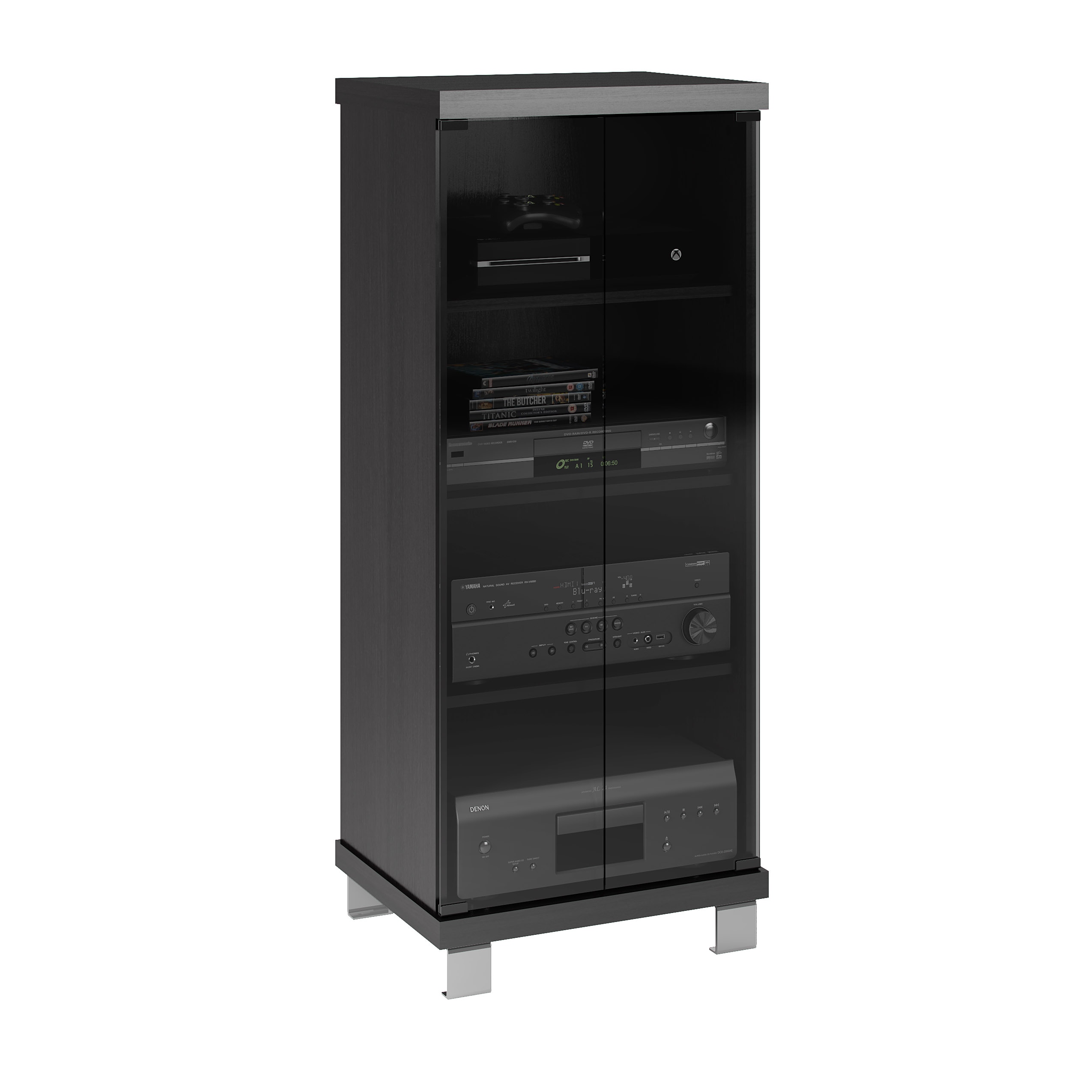 CorLiving TRL-801-C Laguna Satin Black Glass Component Stand Shelves Audio Video Component Storage