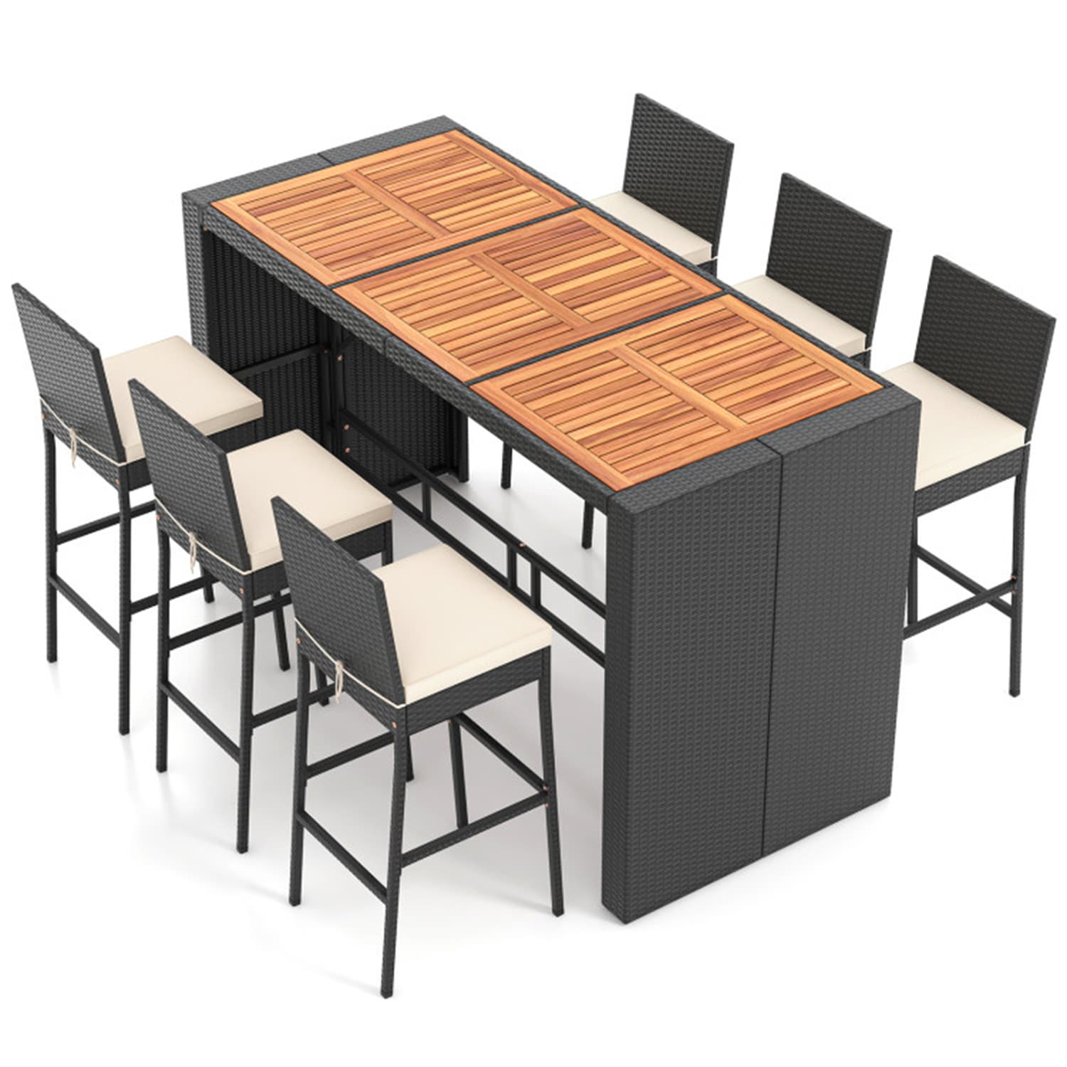 Mondawe MD-EF00039 7 -Piece Black Rattan Bar Height Patio Dining Set Wood Rectangle Table with 6 Off-white Cushions Stationary Chairs