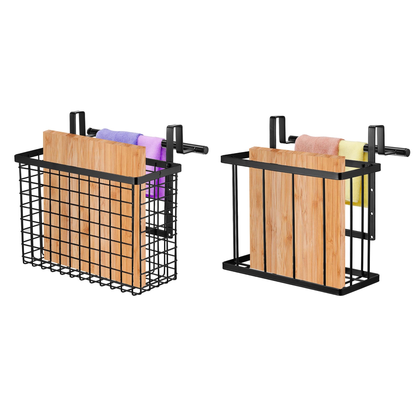Unique Bargains Pack of 2 Cabinet Door Organizer Cutting Board Organizer with Towel Bar Metal Wire Baskets with Hooks Over Cabinet Door Organizer for Kitchen Pantry Bathroom Storage Black