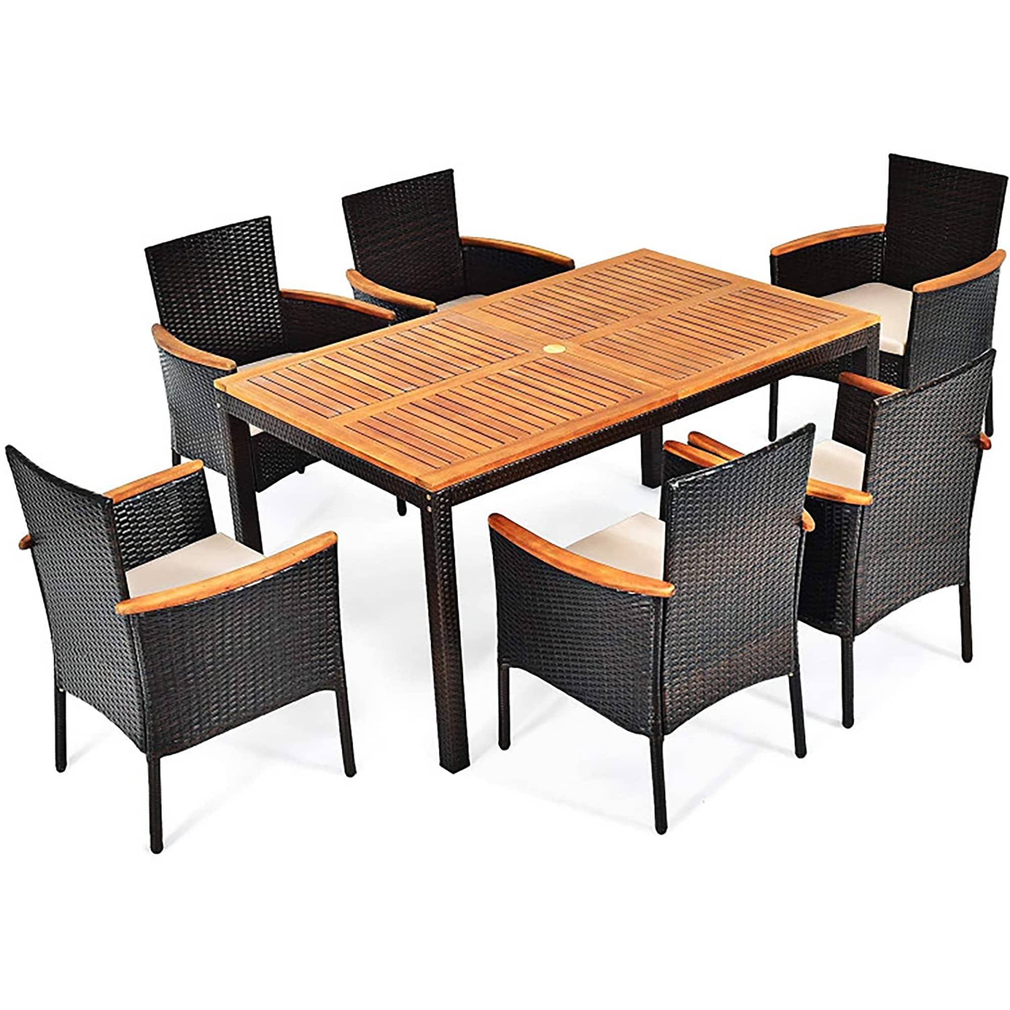 CASAINC TY-W30213867 Rattan Dining Set with Umbrella Hole 7 -Piece Black Rattan Patio Dining Set Wood Rectangle Table with 6 Off-white Cushions Stackable Stationary Chairs