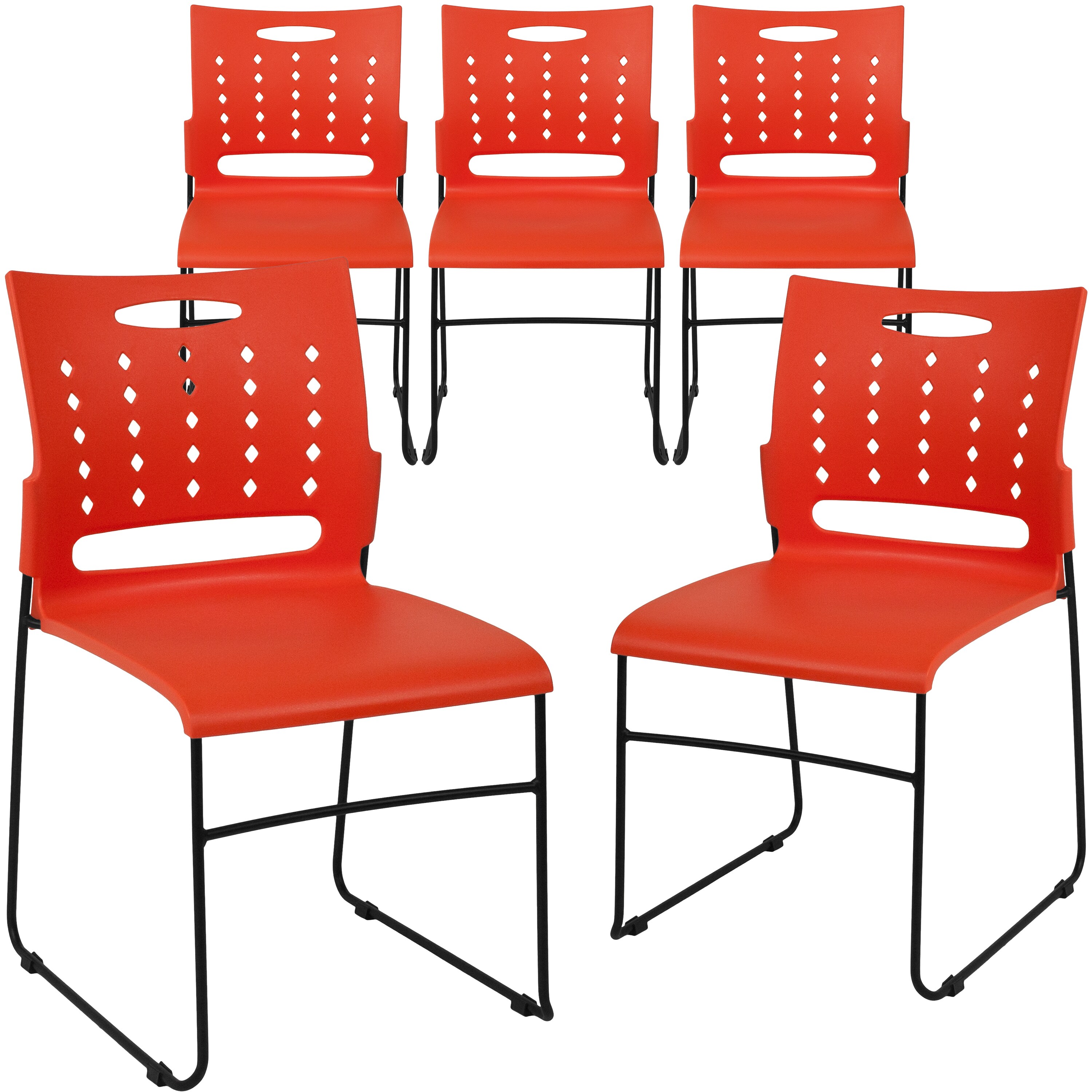 Flash Furniture 889142335719 5 Pack HERCULES Series 881 lb Capacity Orange Sled Base Stack Chair with Air-Vent Back