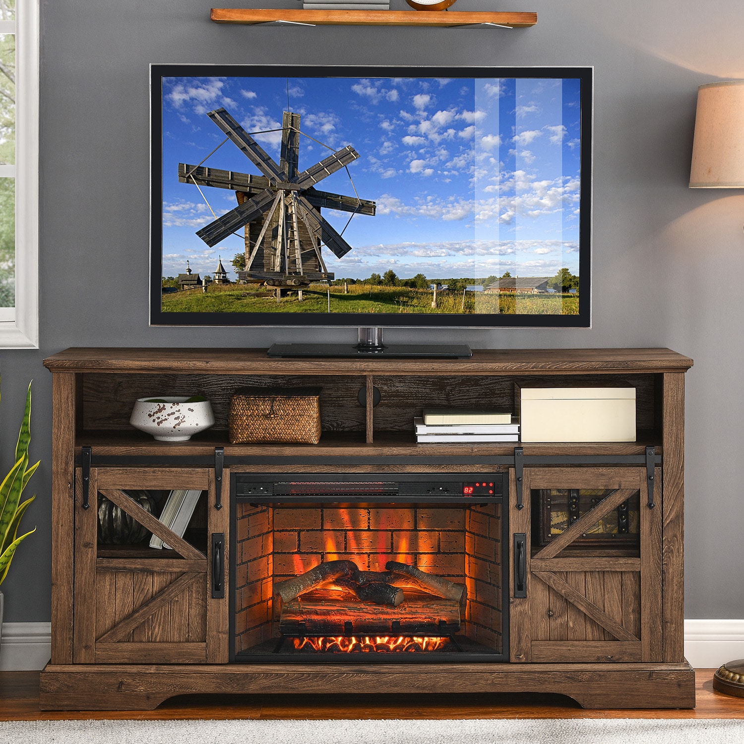ToolCat PG2-10-PT 60-Inches W Reclaimed Barnwood Free standing Fan-forced Corner or flat wall Electric Fireplace with Remote Control Included