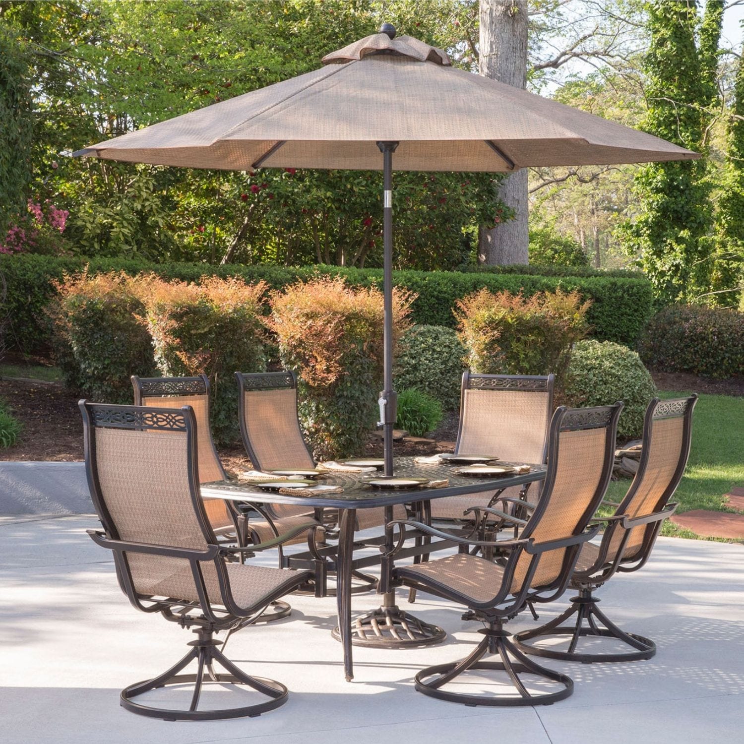 Tan and Bronze 7-Piece Outdoor Dining Set with Swivel Rockers