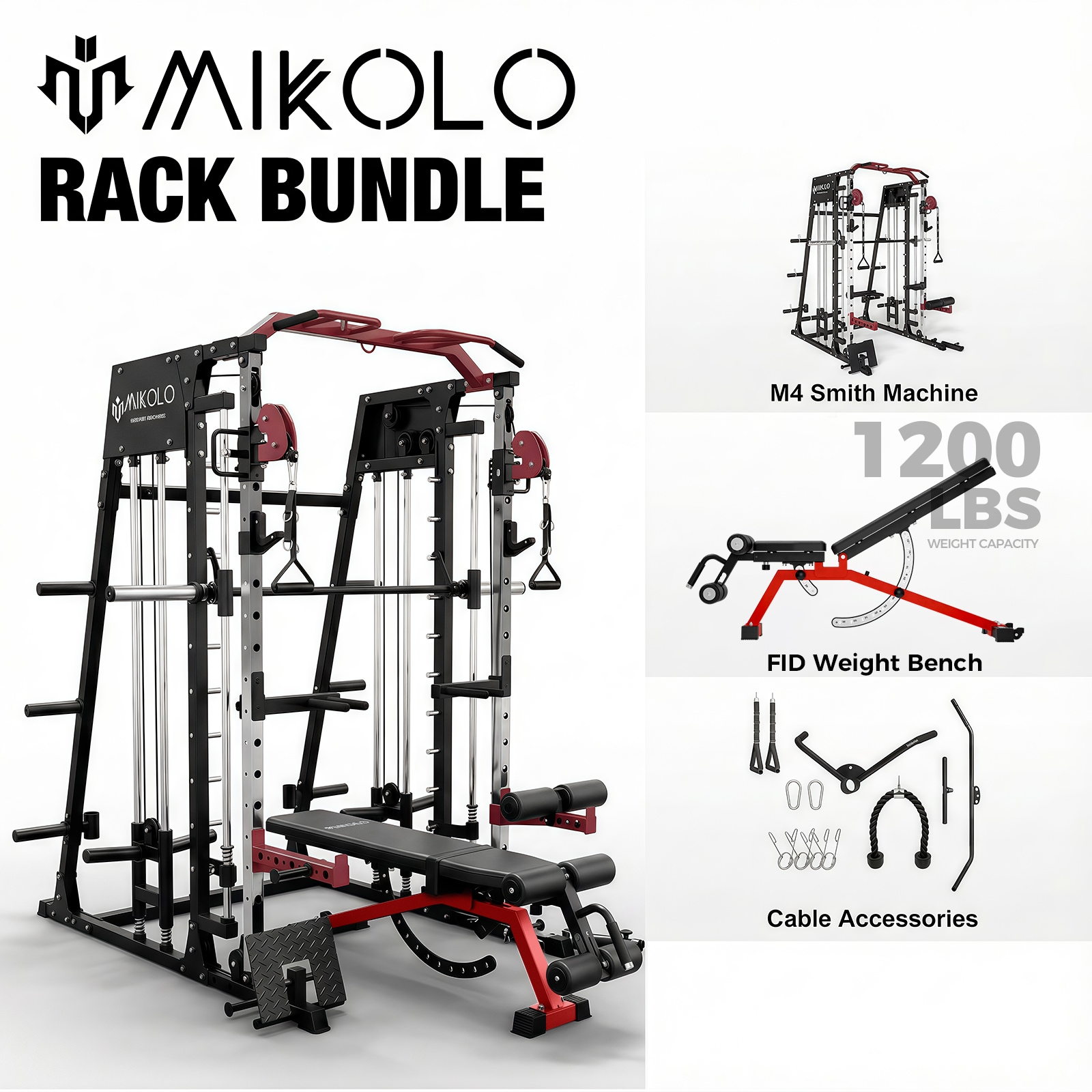 Mikolo  Smith Machine with Aluminum Pulley- 2200 lbs Power Rack Cage with Cable Crossover- Weight Bar- 360 Landmine- Barbell Holders and Other Attachments- Total Body Strength Training Cage