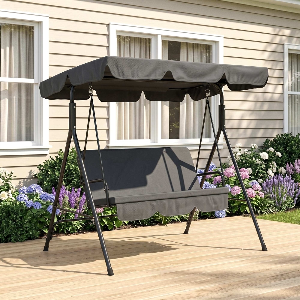 Beedesign 3 Seater Garden Swing Chair with Adjustable Canopy Outdoor Patio Porch Swing Bench Black