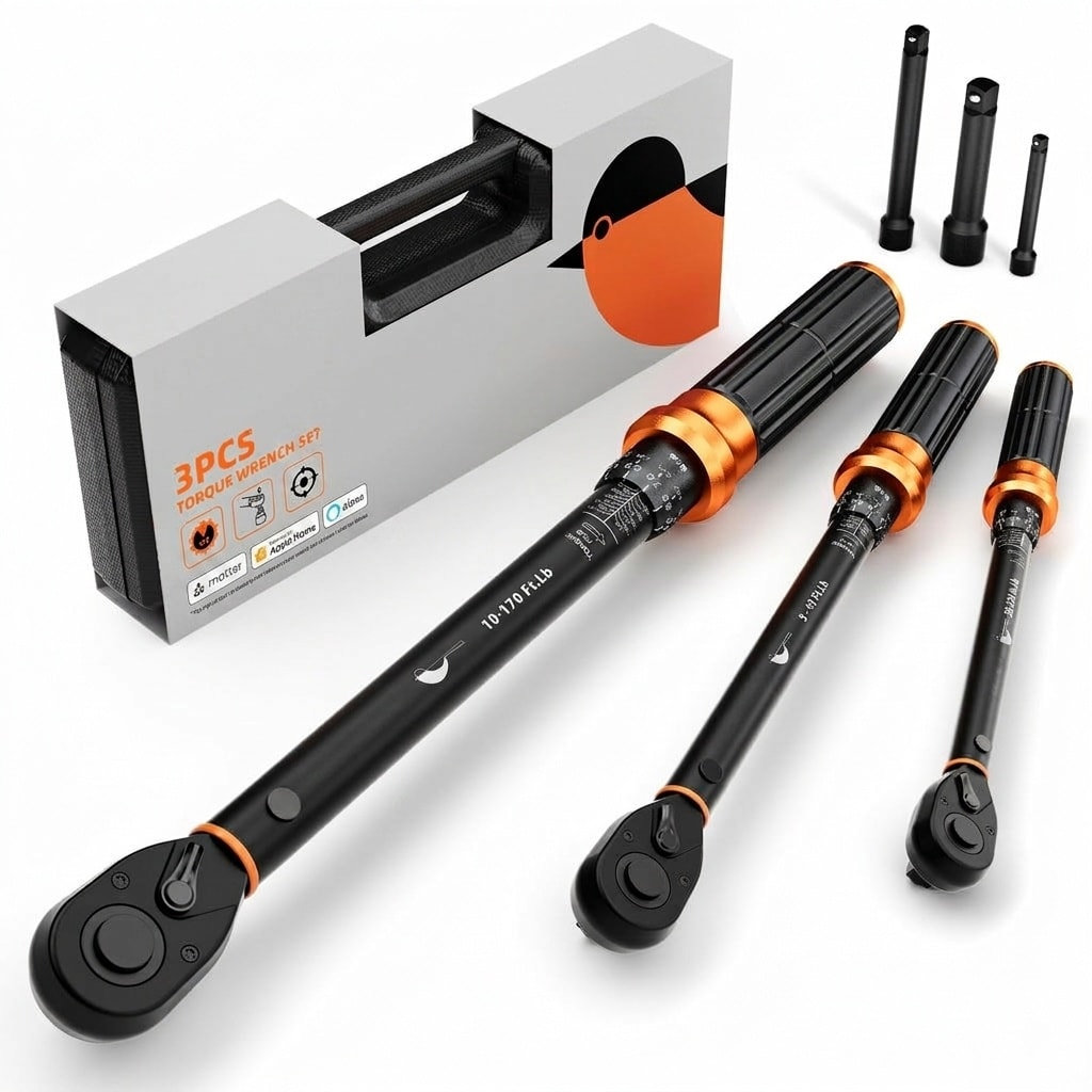 Etokfoks  1 4 in 3 8 in 1 2 in Drive Adjustable Dual Scale Ratcheting Torque Wrench Set with Carrier 3 Piece