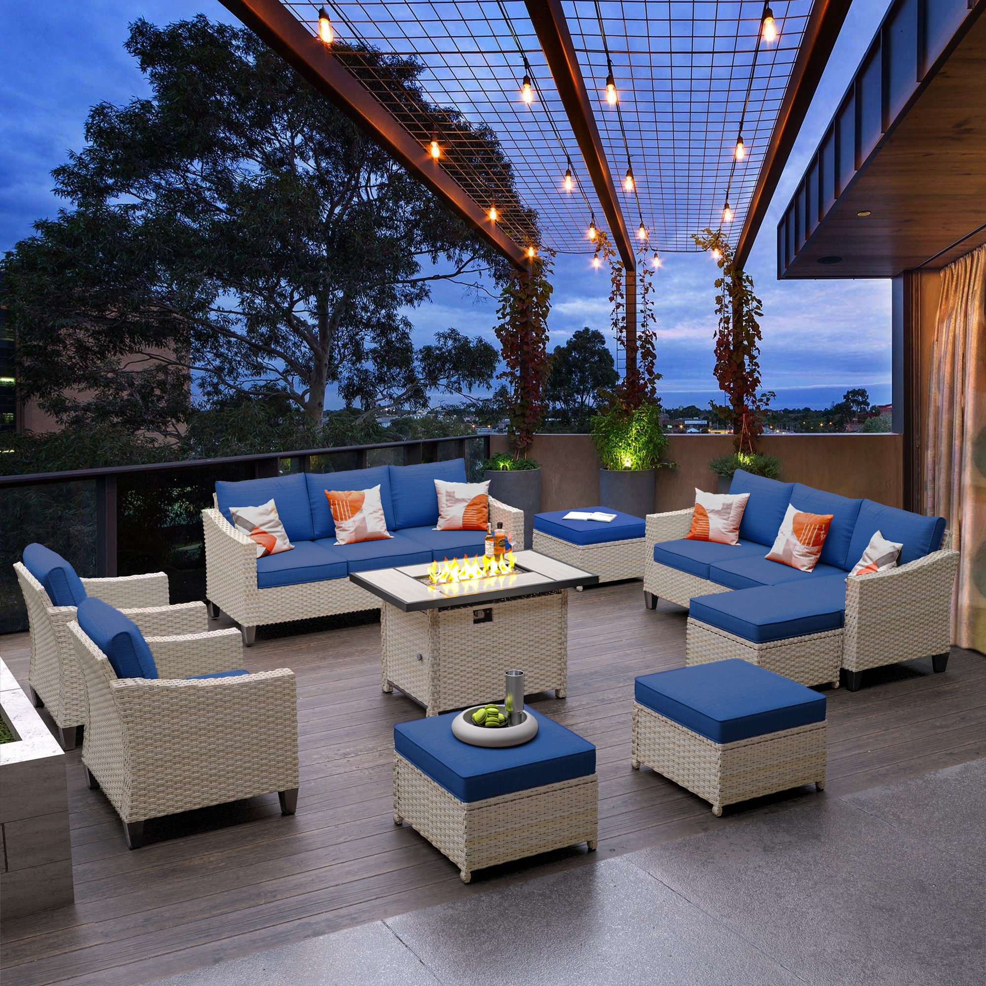 Pouuin SRFPDAR708 9 -Piece Rattan 2 Patio Sofa Conversation Set with Blue Cushions