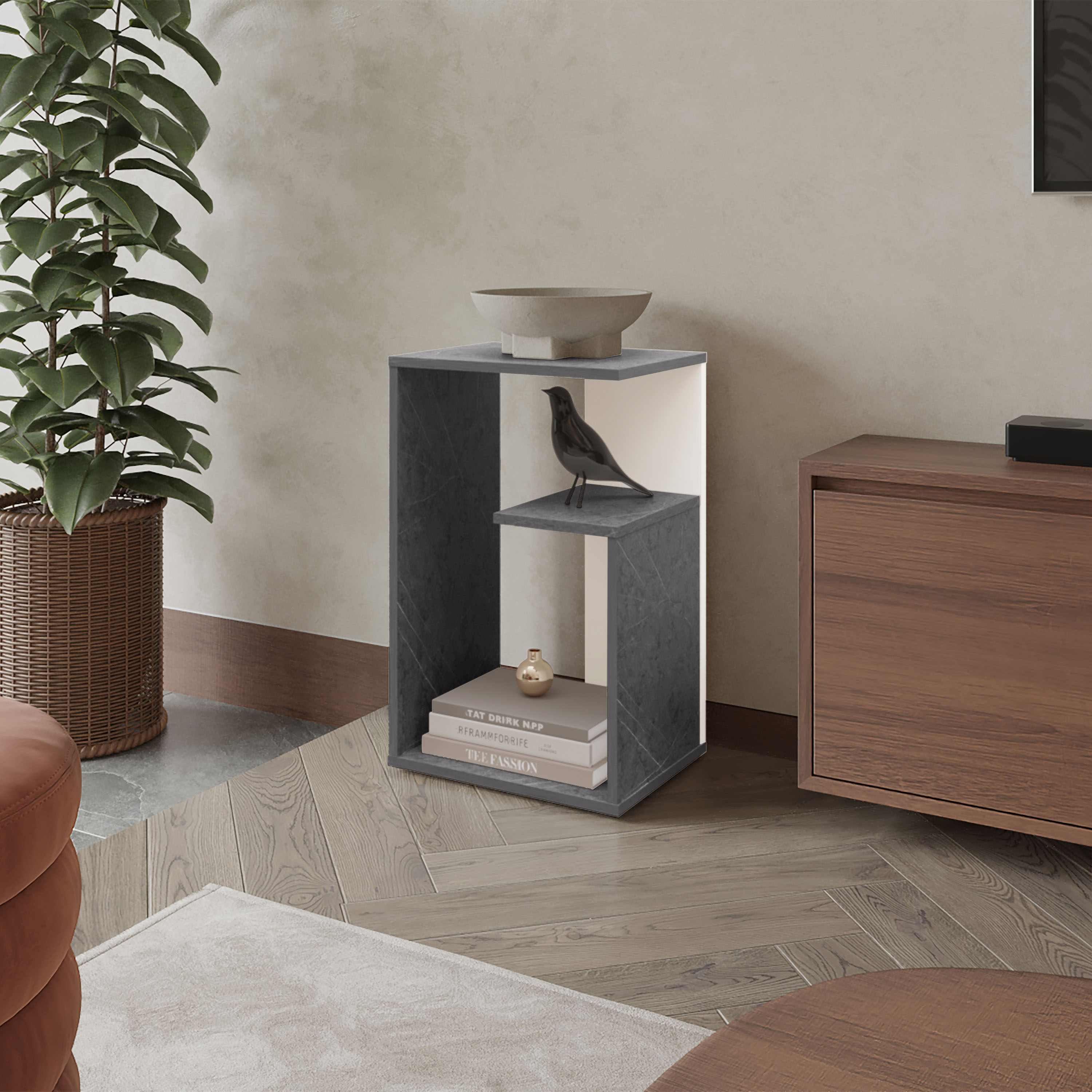 LOVMOR SF-Y-B128P335857 FM FURNITURE Vega Side Table in melamine with open storageOnix and White